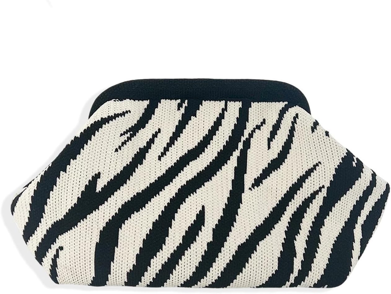 Bi&Yamigeo Women's Crochet Clutch Purse, Zebra Print & Striped Crossbody Dumpling Bag, Ruched Cloud Shaped Evening Handbag for Party, Night Out, Wedding