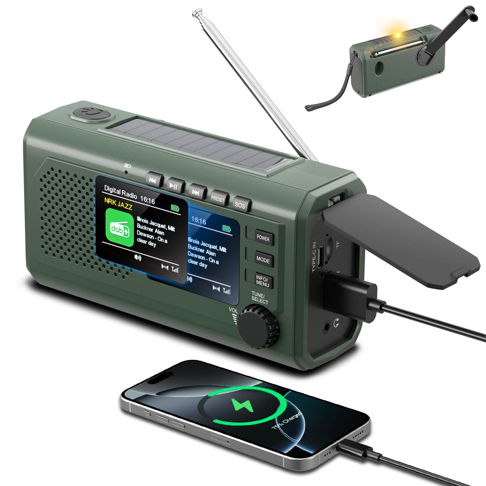 Radio di emergenza DAB+/FM con manovella, ricarica solare e USB, Bluetooth 5.3, radio a manovella con power bank, allarme SOS, display TFT, lampada da lettura, sveglia, scheda TF per esterni