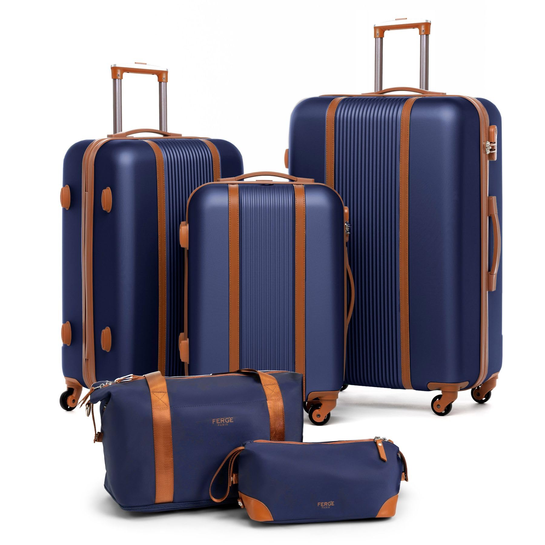 FERGÉ Milano - Lot de 3 valises rigides à roulettes - Bagage à main 55 cm - Taille L et XL - Valise rigide à 3 roulettes - 100 % ABS, Bleu/marron, 5er Set