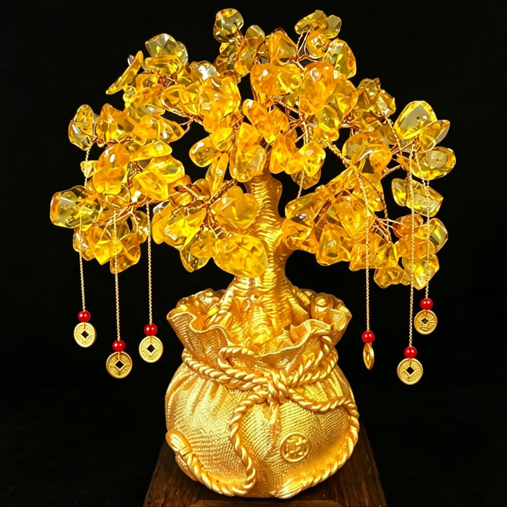 BAEKZ Crystal Bonsai Citrine Tree Money Tree Feng Shui Decoration Blessing Bag Potted Plant (Golden...