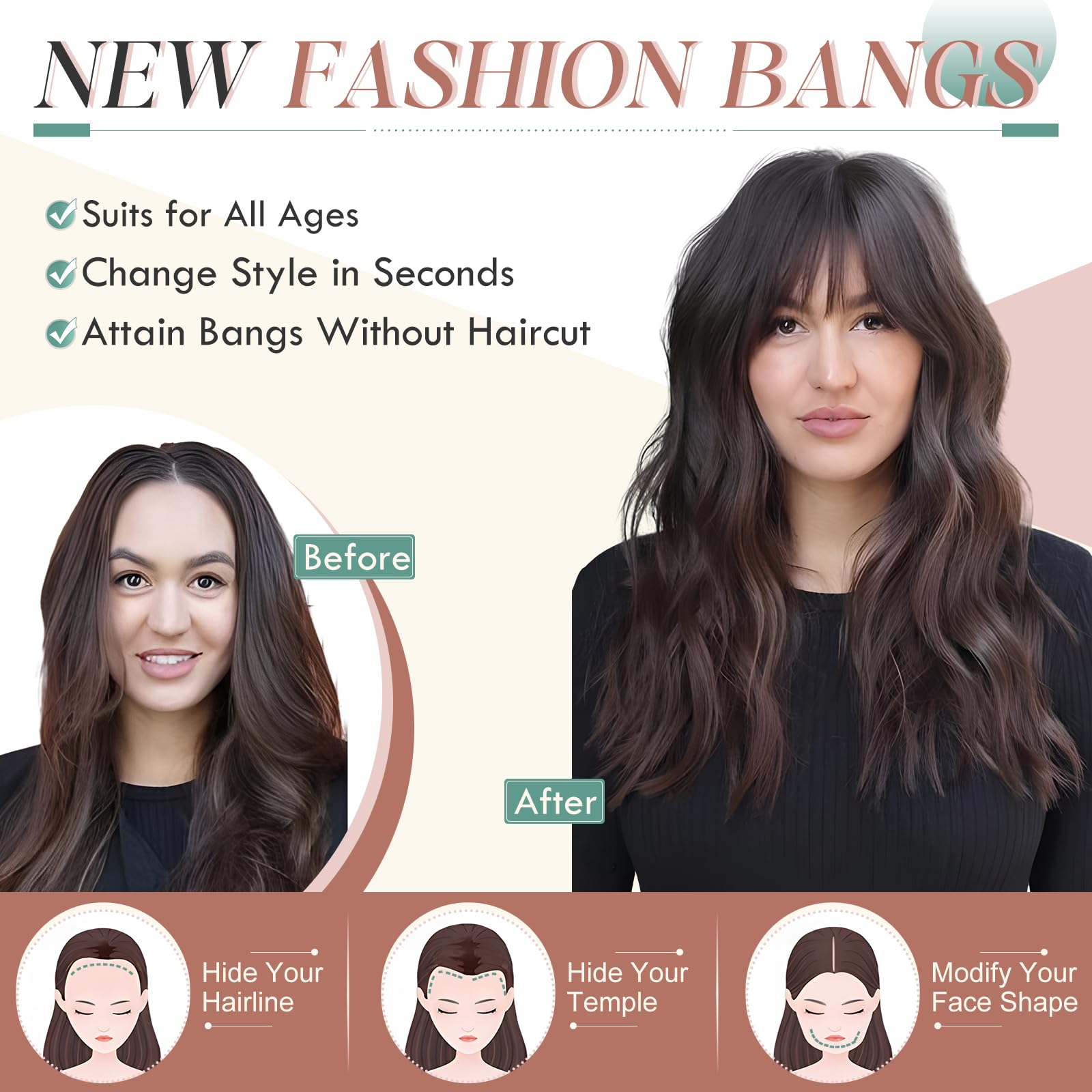 Elailite Clip in Bangs Neat Fringe with Temples Real Natural Human Hair Extensions Clip on For Women - #1B Natural Black - Image 2