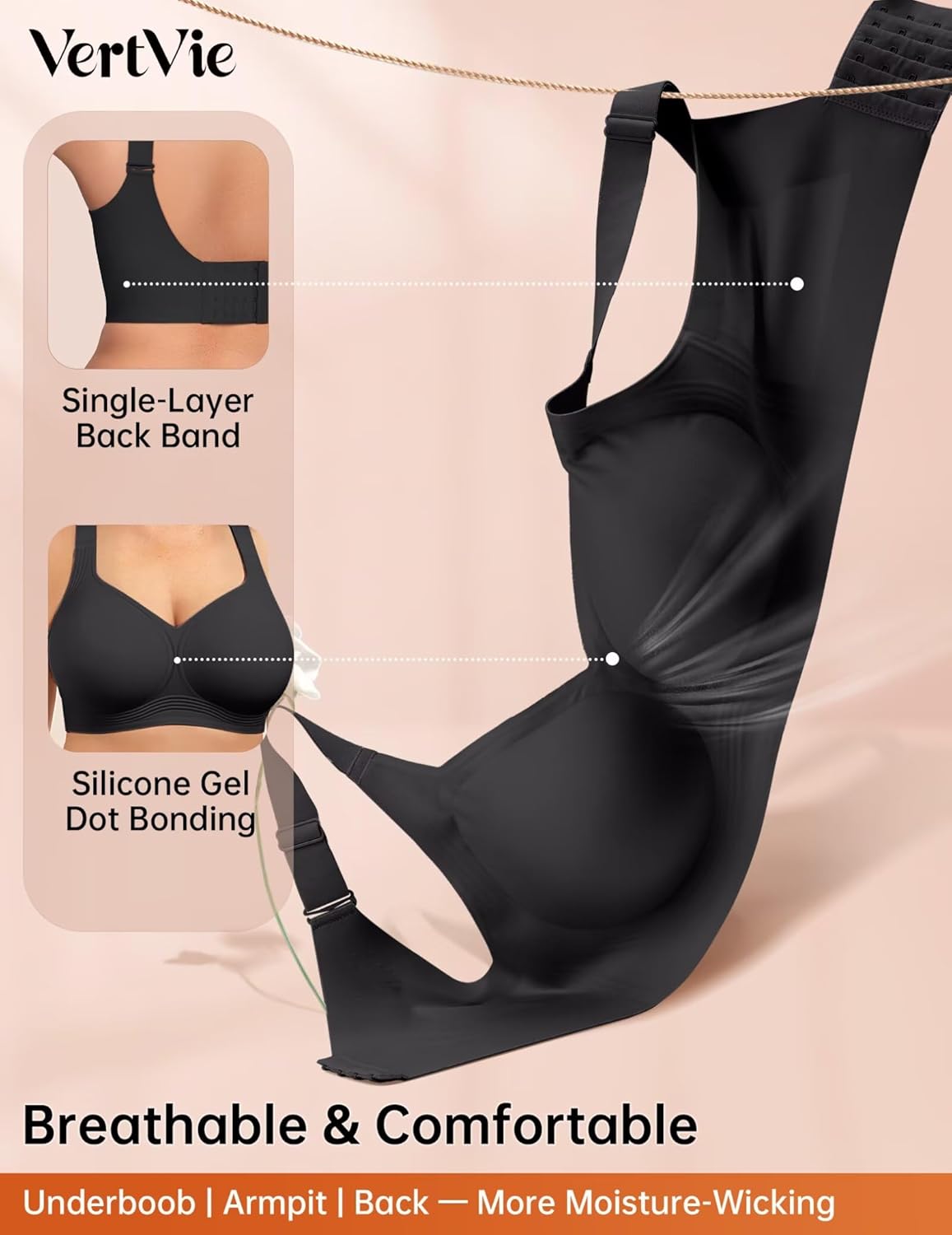 Vertvie Plus Size Wireless Full Coverage Bra Seamless Support Push Up Bralette Comfortable Minimizer Bras for Women(Black,42DDD) - Image 7