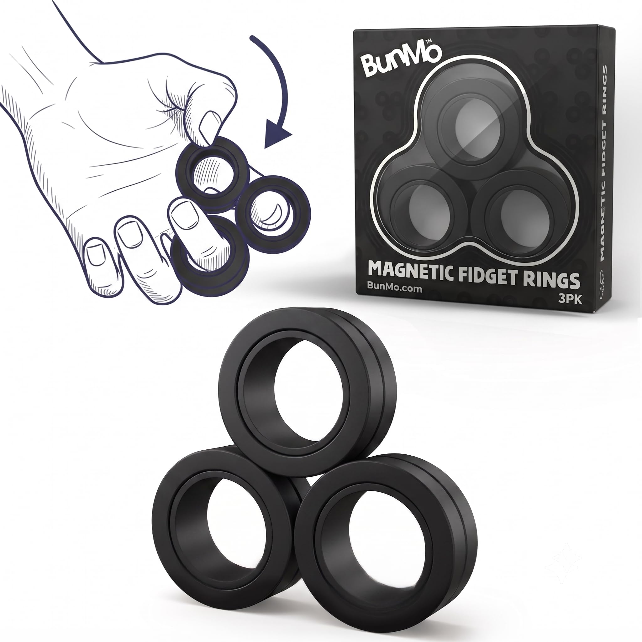 BUNMO Magnetic Fidget Rings – Fidget Toys Adults, Cool Fidgets for Teens, Quiet Fidget Toys, Maximum Strength 8 N50 Magnets, Endless Tricks, Teen Gifts, Fidgets for Kids 8-12, Adult Fidget Toys, Black