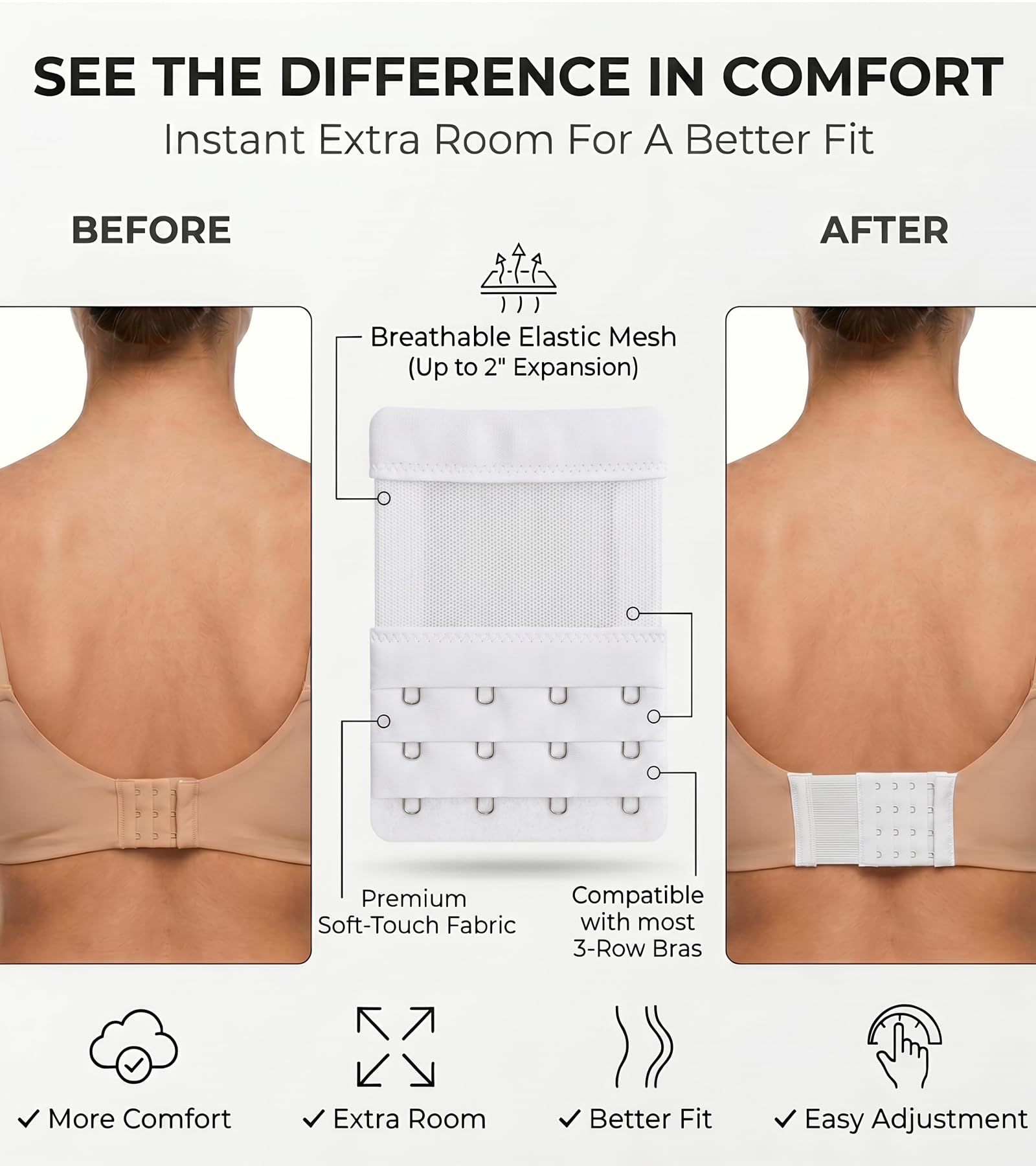 DClub Extensor de brasier con 2 ganchos, elástico, suave y cómodo, extensor de correa de brasier para mujeres en embarazo o aumento de peso., blanco, 3 PIECES