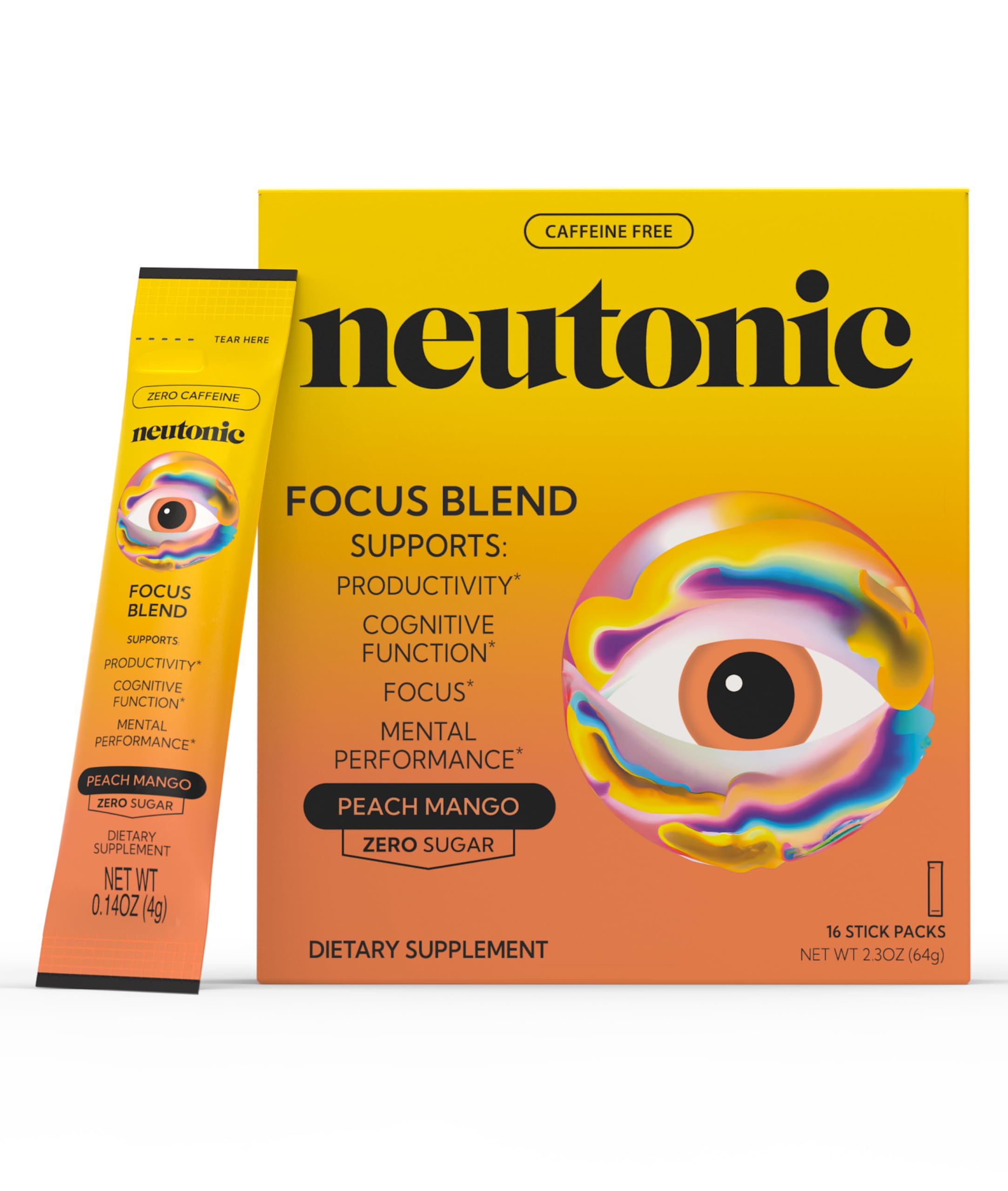 Neutonic Nootropic Focus Blend Powder | Peach Mango 16 Sticks | Caffeine Free, Zero Sugar | Support Energy, Mental Performance, Cognitive Function | Support Focus, Fatigue Reduction, Brain Health