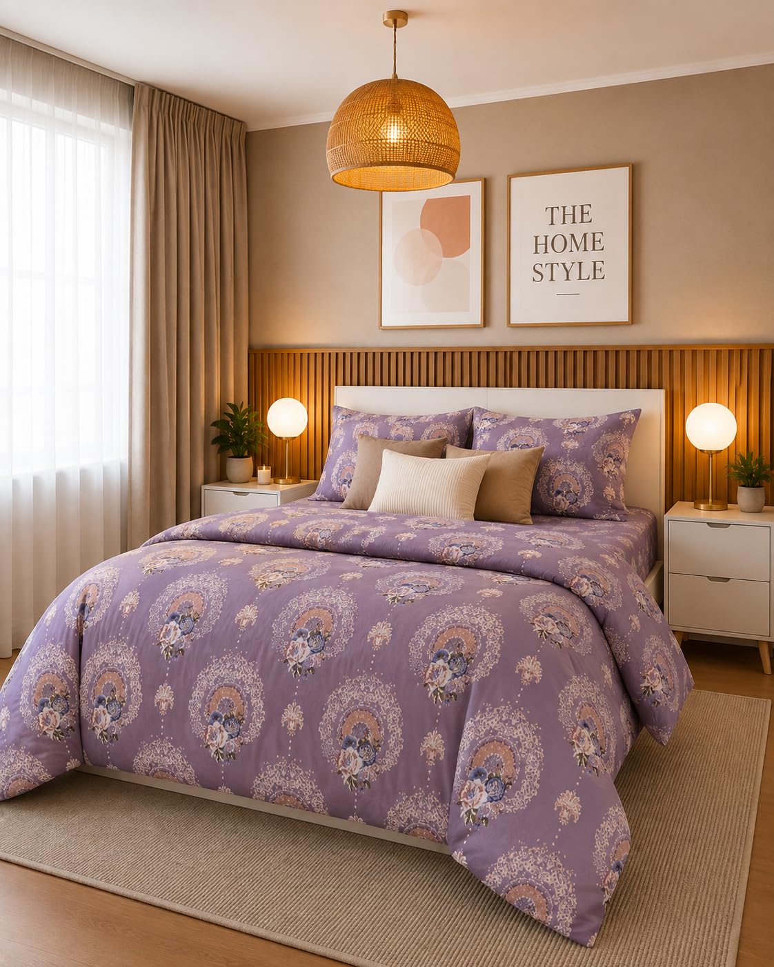 THE HOME STYLE Supersoft Glace Cotton Elastic Fitted All Around King Size Printed Double Bedsheet with 2 Pillow Cover & King Size Comforter/Duvet/Blanket (72"x78" + Comforter, Lavender Mauve)