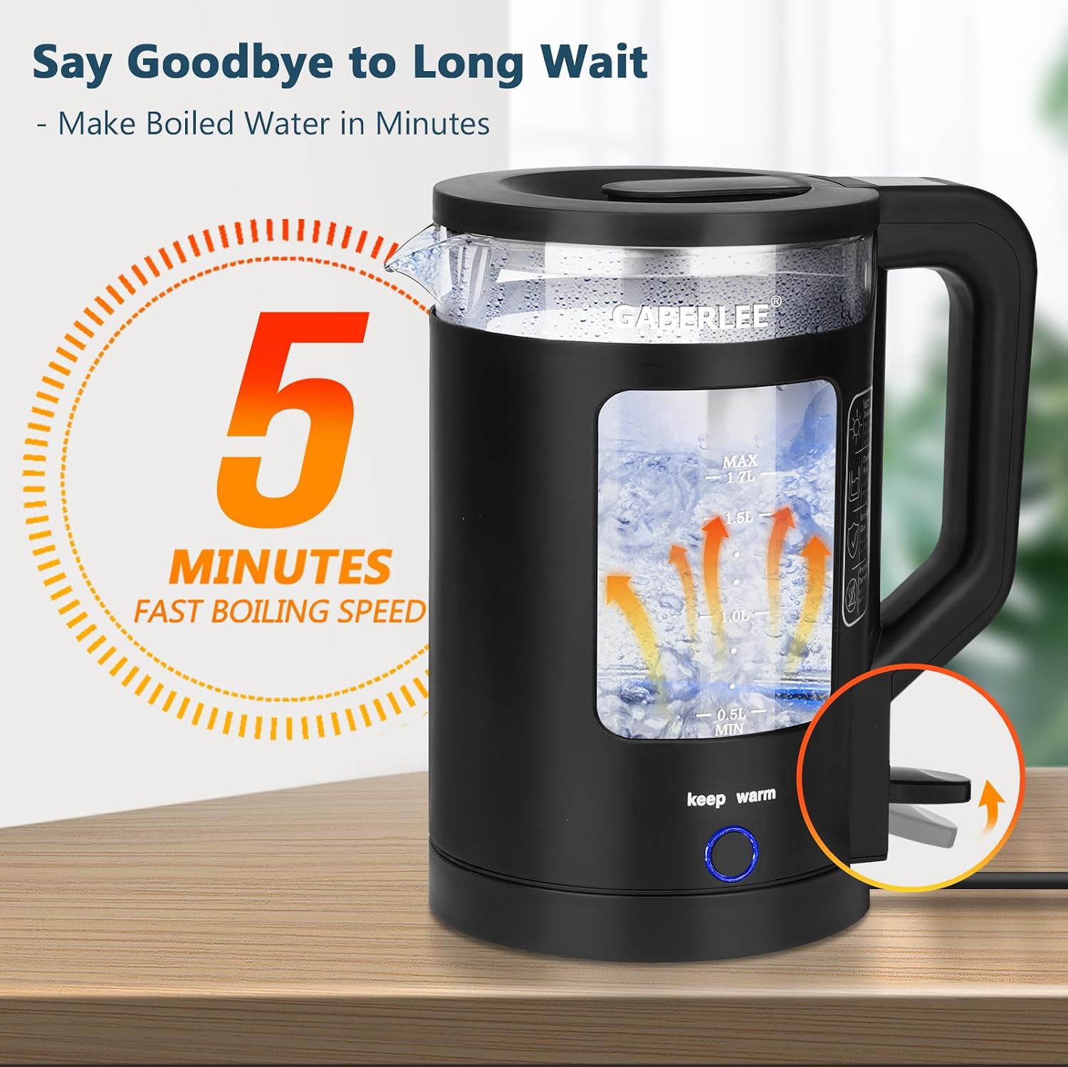 GABERLEE Electric Kettle, 1.7L, 3000W Fast Boil Quiet Glass Tea Kettle with Keep Warm Function, Blue LED, Anti-Limescale Filter, Auto Shut-Off & Boil-Dry Protection, BPA-Free, Black