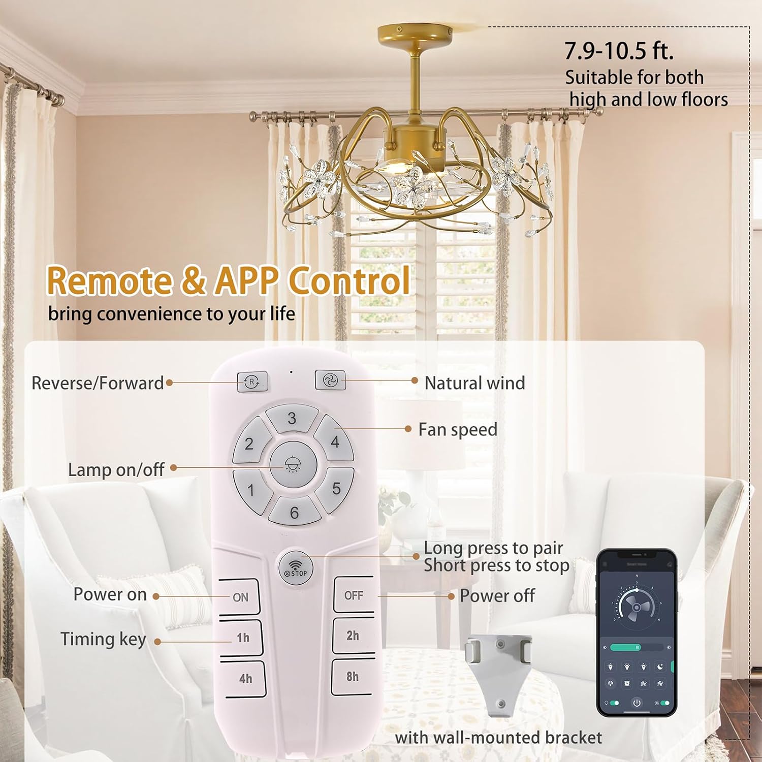 Ganeed 20.5“ Gold Crystal Fandelier Ceiling Fans with Lights, Crystal Diamond Flower Chandelier Ceiling Fan with Remote Control, Modern Caged Fandelier 6 Speeds for Girl's Bedroom, Living Room