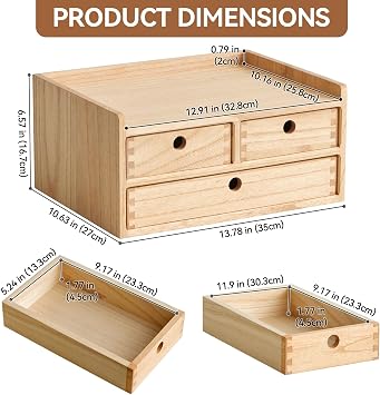 KIRIGEN Wood Desktop Organizer with 3 Drawers and 1 Shelves Home Workspace Office Supplies Wooden Storage Box Shelf Case Hold Makeup Box (2-layer & 3 drawers, Natural)