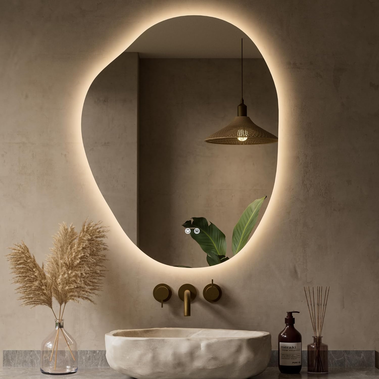 Keonjinn Irregular Backlit Mirror 24 x 30 Inch, Asymmetrical LED Bathroom Mirror with HD Tempered Glass, UL-Listed LED Driver, Stepless Dimmable with 3 Colors, Safe Defogging(Horizontal/Vertical) 30"L x 24"W