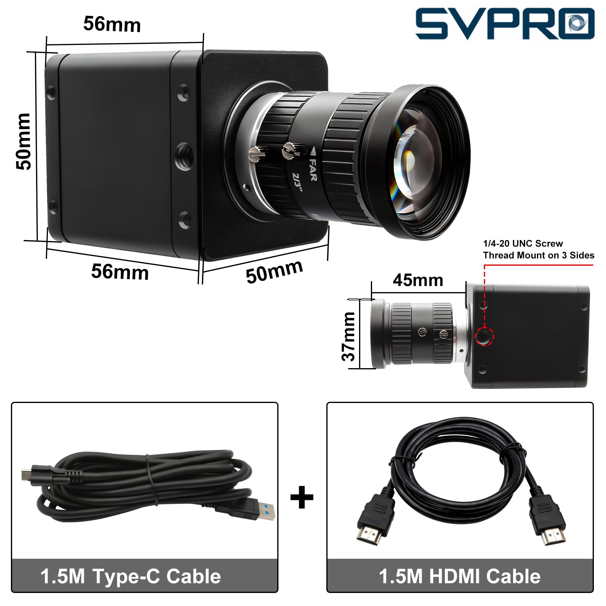Svpro Fotocamera industriale 4K 60fps, USB 3.0 e HDMI Dual Output, obiettivo manuale CS-Mount da 8 mm, IMX678 Low Light UVC Webcam per microscopia e visione a macchina