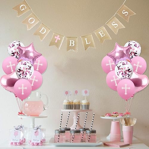 Miniatura 4 de Banner de bautismo con texto en inglés God Bles, decoraciones de bautismo para niña, globos de confirmación, globos de primera comunión, globos