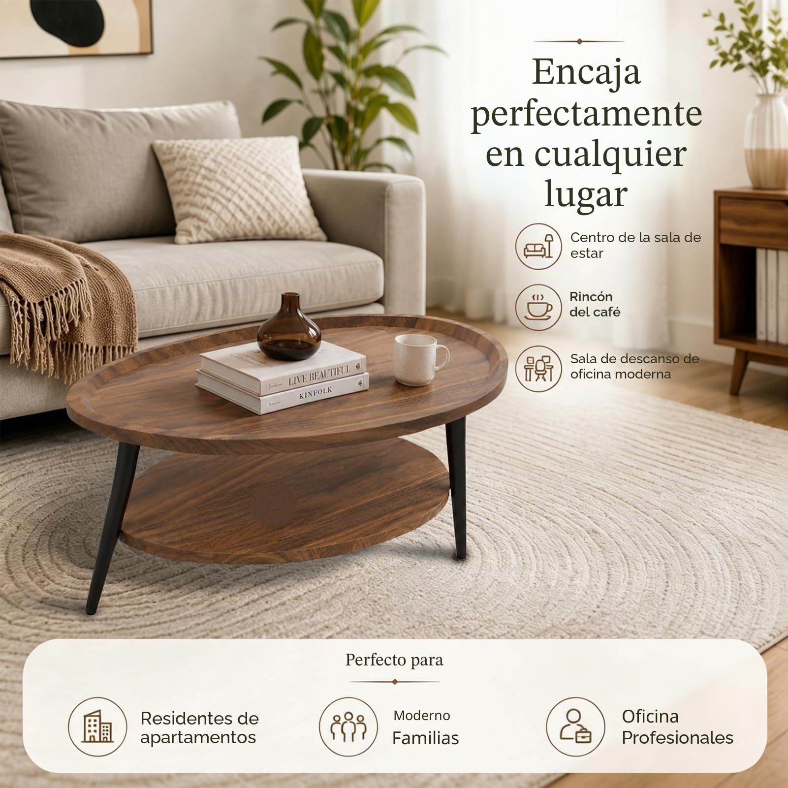 Mesa Centro Ovalada, Mesa De Centro Redonda De 2 Niveles, Mesas Auxiliares En Forma De Gota, Mesa Centro Salon Con Efecto MáRmol, Mesa De Sofá, Para SalóN, Hogar, Oficina 100*55*38cm (Noce)