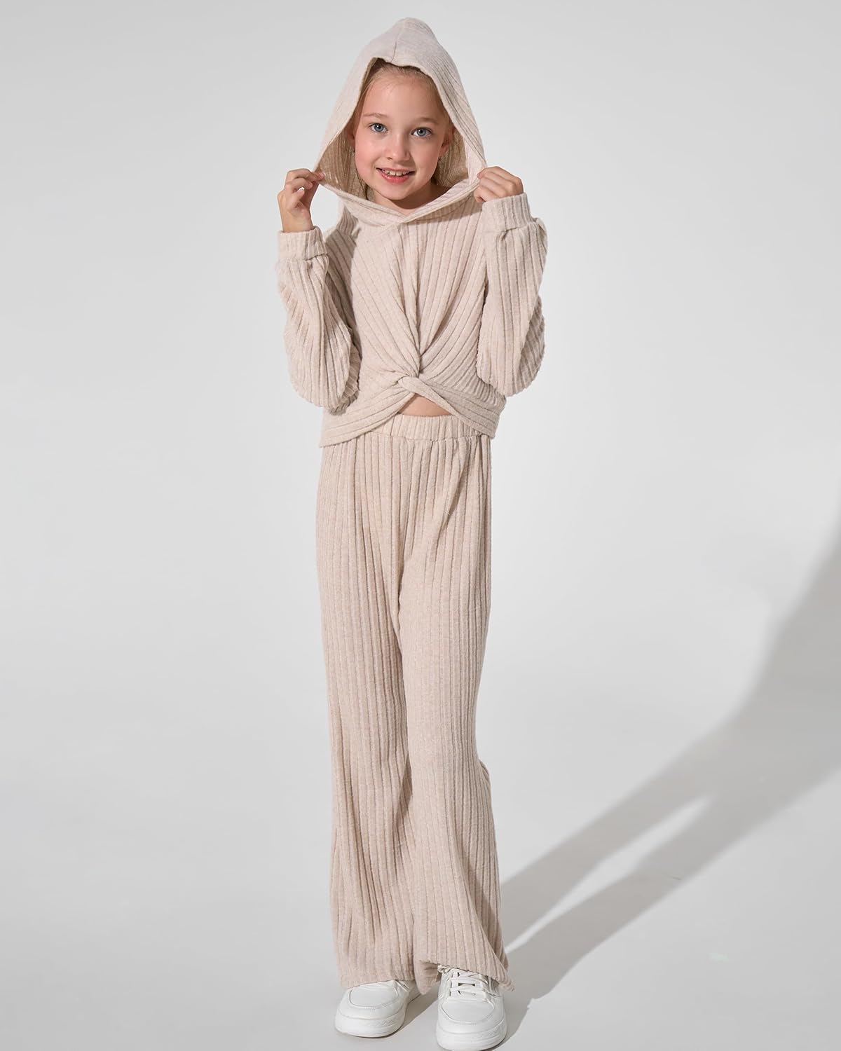 XUANHAO Girls Clothes Fall Winter Teen Outfits for Girl Rib Knit Twist Front Hoodie Flare Pants Sweatsuit Girls Clothing Set - Image 3
