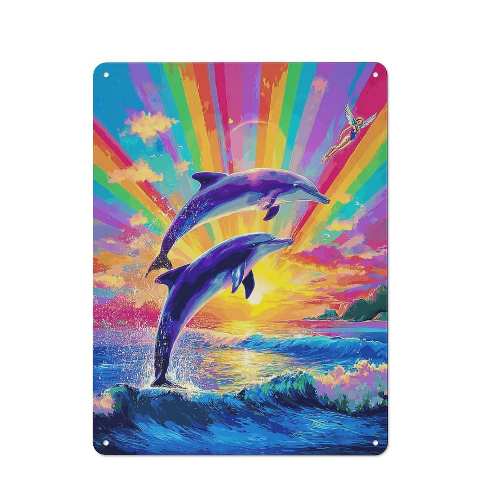 Junmoney Colorful Dolphins Sunset Art Print Metal Wall Sign 40X30cm Featuring For Garage Or Workshop, For Vintage Wall Decor Fans, For Metal Sign Collectors