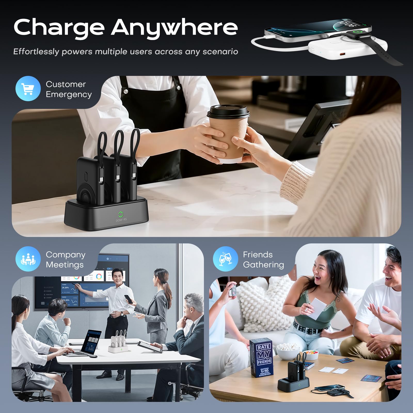 Power Bank Stacja ładująca 10000mAh, 3 porty, 22.5W PD QC Fast Charge, Powerbank z wbudowanymi kablami USB-C/Lightning/Micro, 15W Wireless, do iPhone Samsung Android, podróżny zestaw ładowania