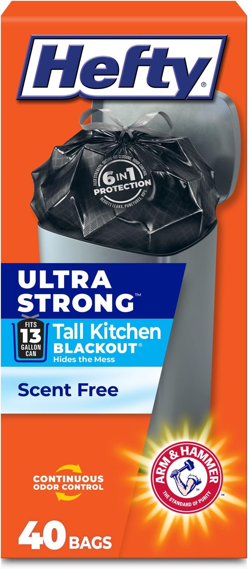 Hefty Ultra Strong Tall Kitchen Drawstring Trash Bags, Blackout, 40 Count