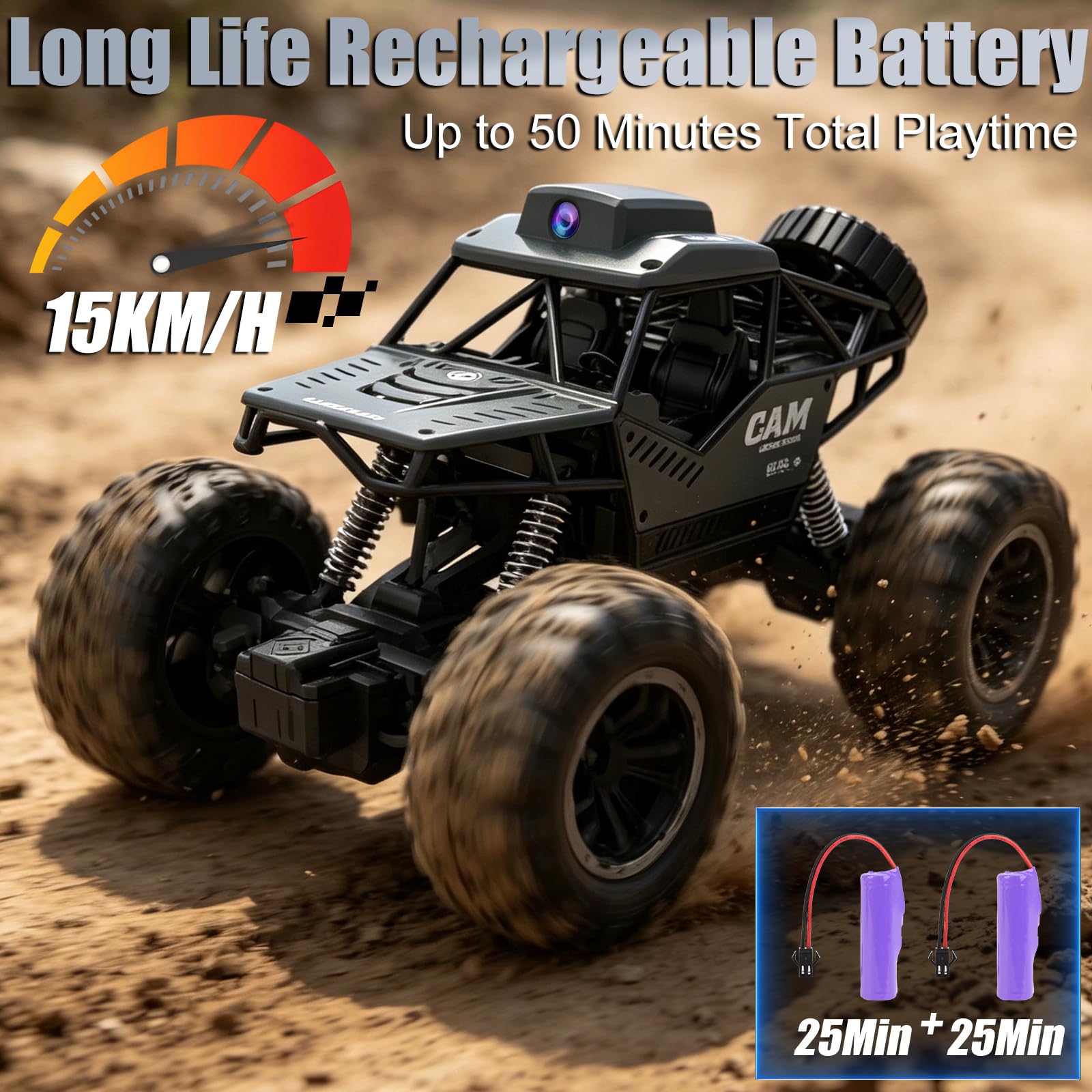 Teledirigido HD Cámara Coche, RC Cámara Car con Pantalla LCD y SD Card | 2,4 GHz Control Remoto Vehículo Foto WiFi Transmisión en Tiempo Real, Offroad Truck Regalo para 6+ Años Niños, 2 Baterías