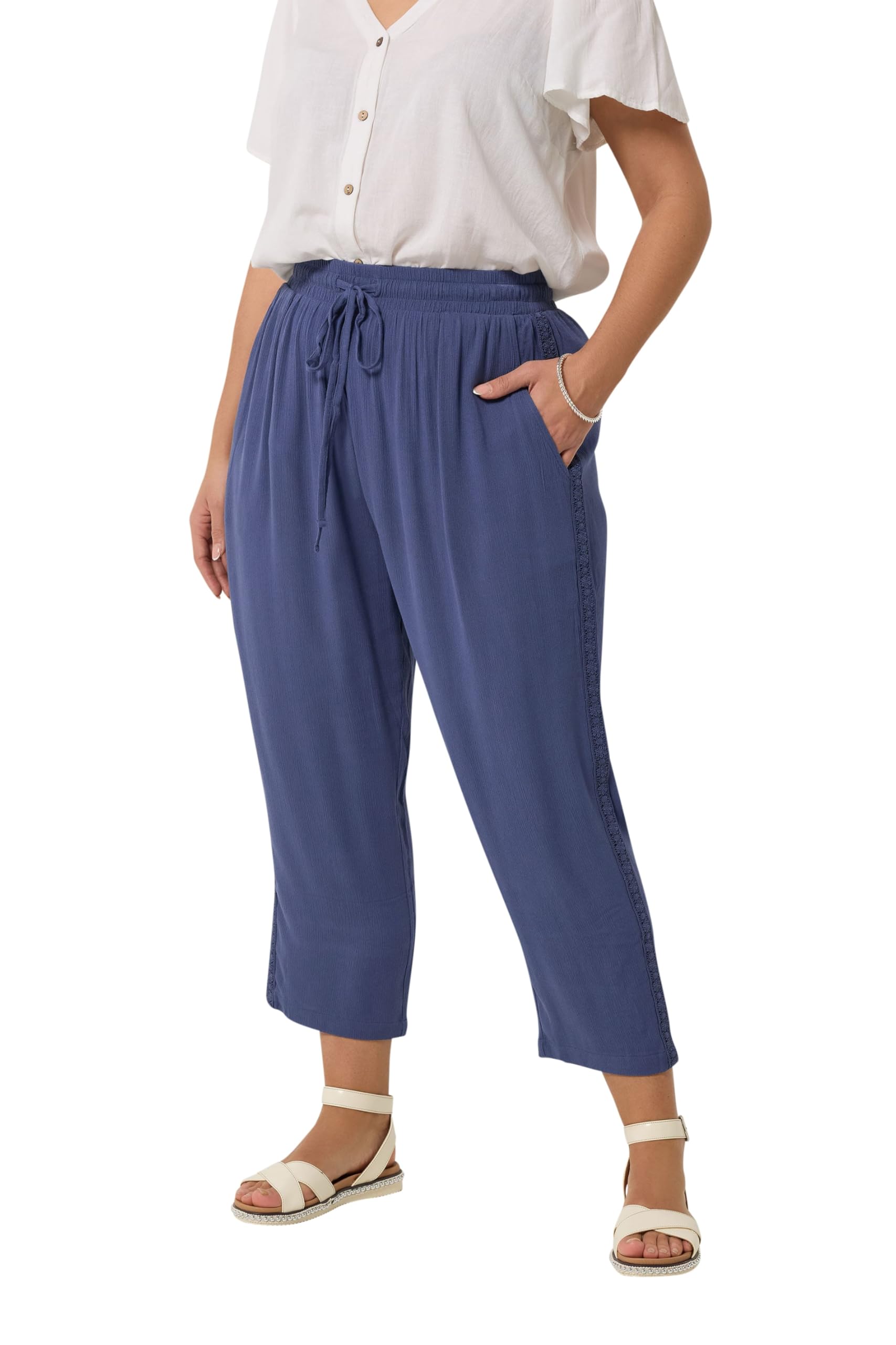 Yours Women's Dark Blue Textured Crop Trousers In | Size: 22/24