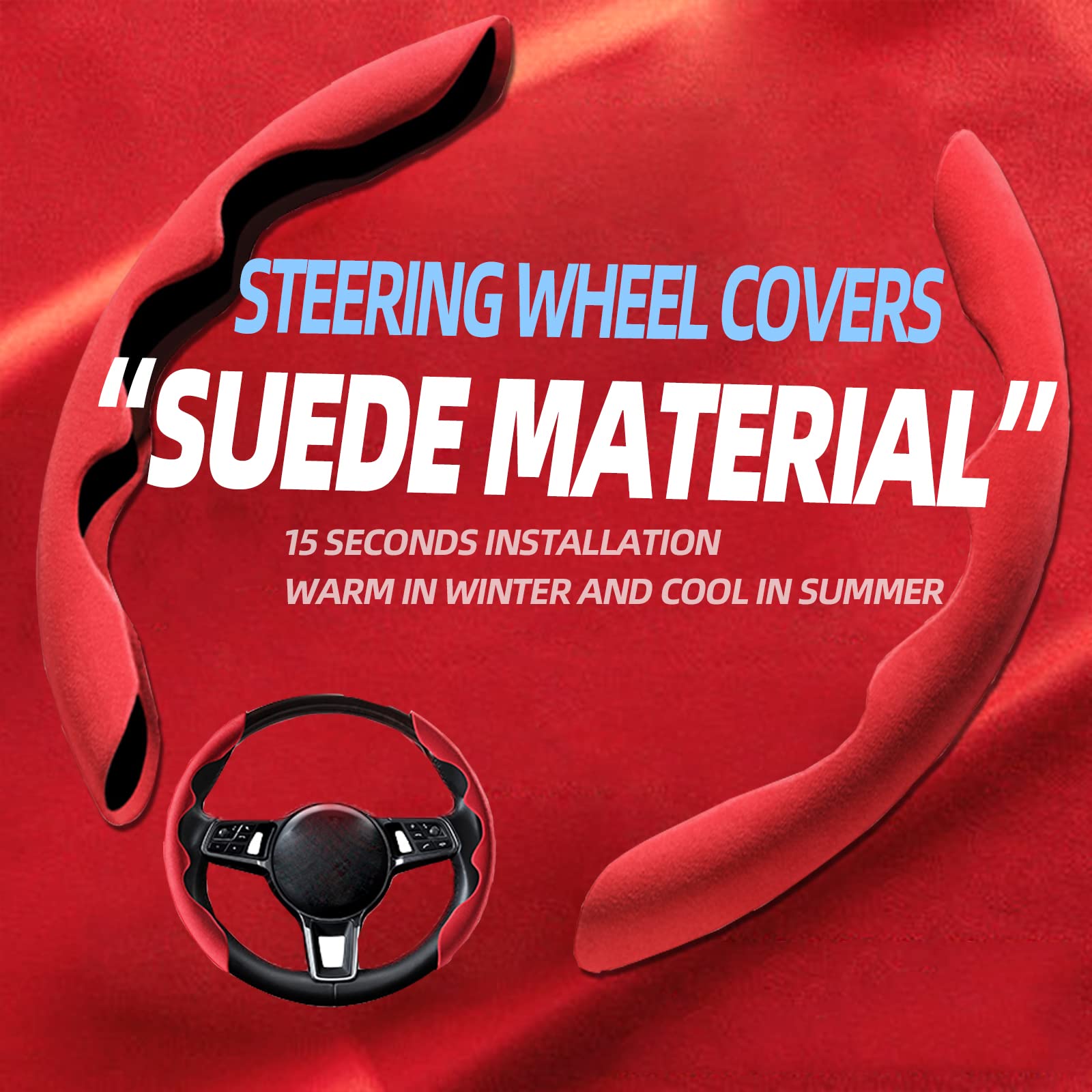 Mtverver New Fluffy Anti-Skid Steering Wheel Cover Segmented Protector Safe and Non Slip Car Accessory and Durable Easy to Install for Steering Wheels of Universal Fit 99% Car (Suede Material Red)
