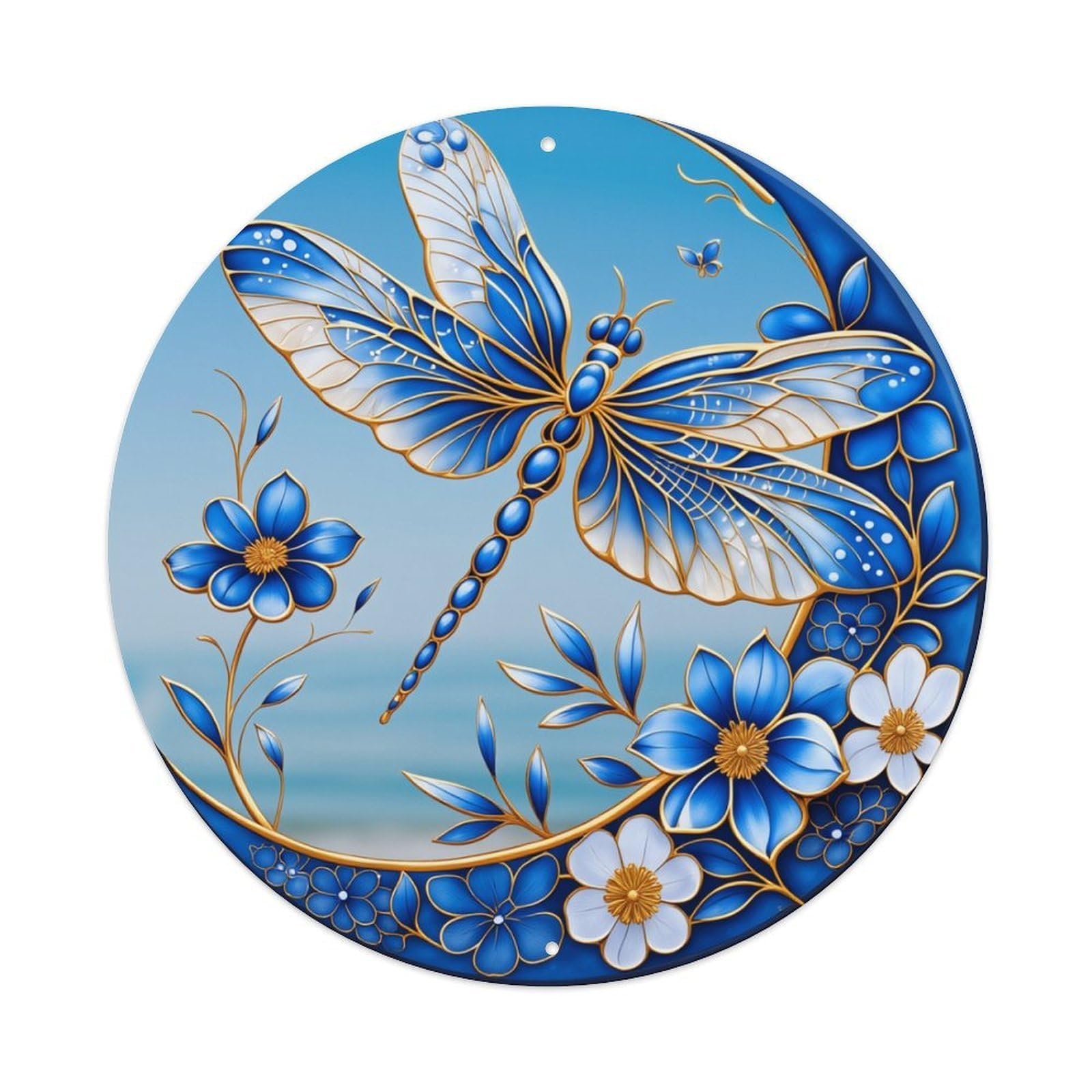 Blue Dragonfly Floral Pattern Art Round Tin Sign Retro Metal Sign for Cafe Bar Pub Home Game Room Gym Club Wall Decoration Vintage Metal Poster 8x8 Inch