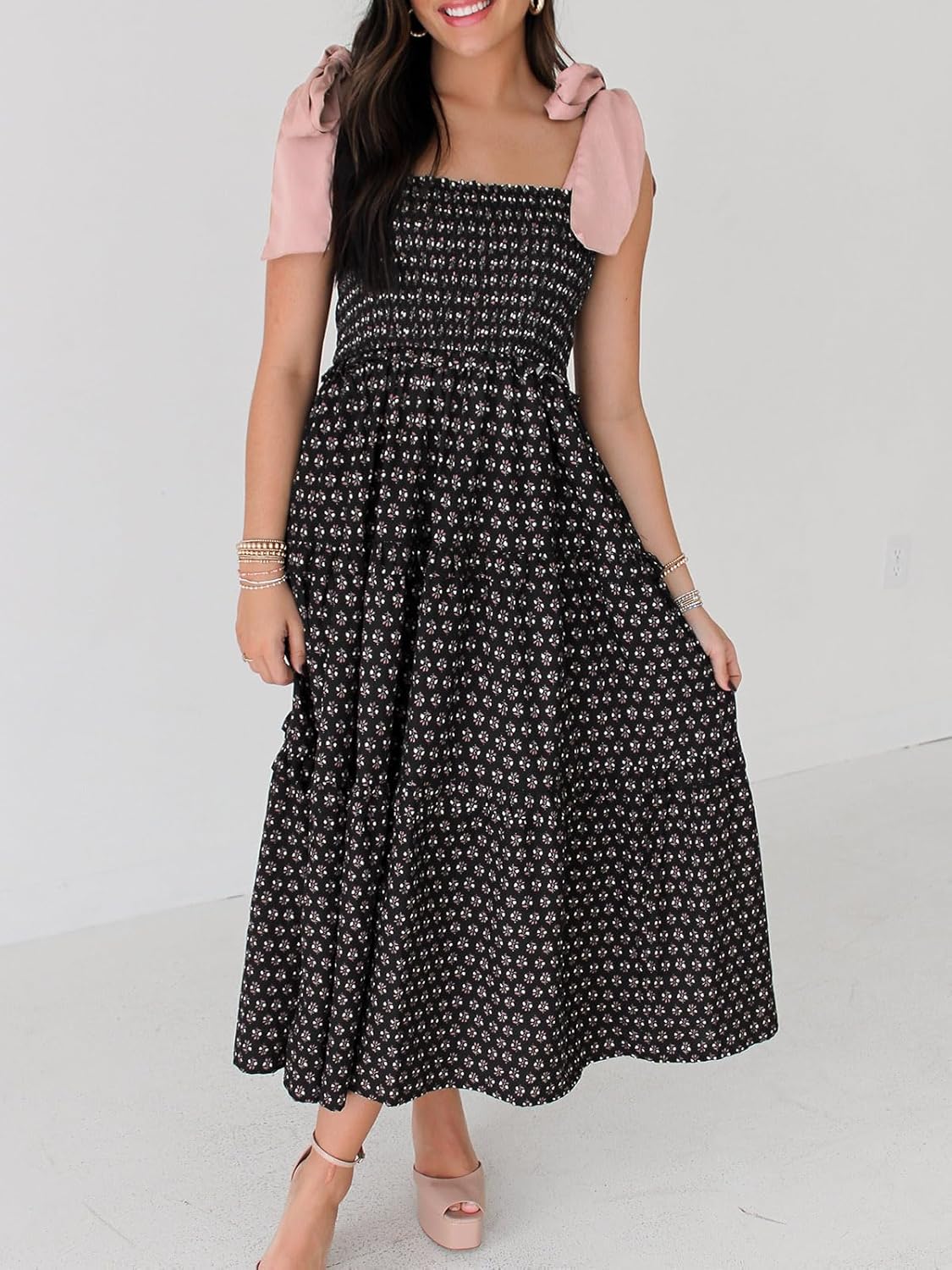 Wenrine Womens Summer Floral Maxi Dress Smocked Tie Shoulder Boho Sleeveless Ruffle Tiered Casual Beach Dresses - Image 3