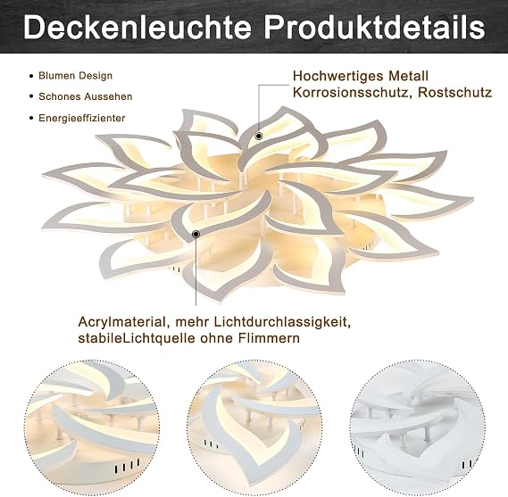 LED ceiling light dimmable, living room lamp with remote control color change, bedroom ceiling lamp modern ceiling lighting ceiling lighting chandelier lamp, dimming 18 heads / Ø120cm / 47.2in [Energy Class E]
