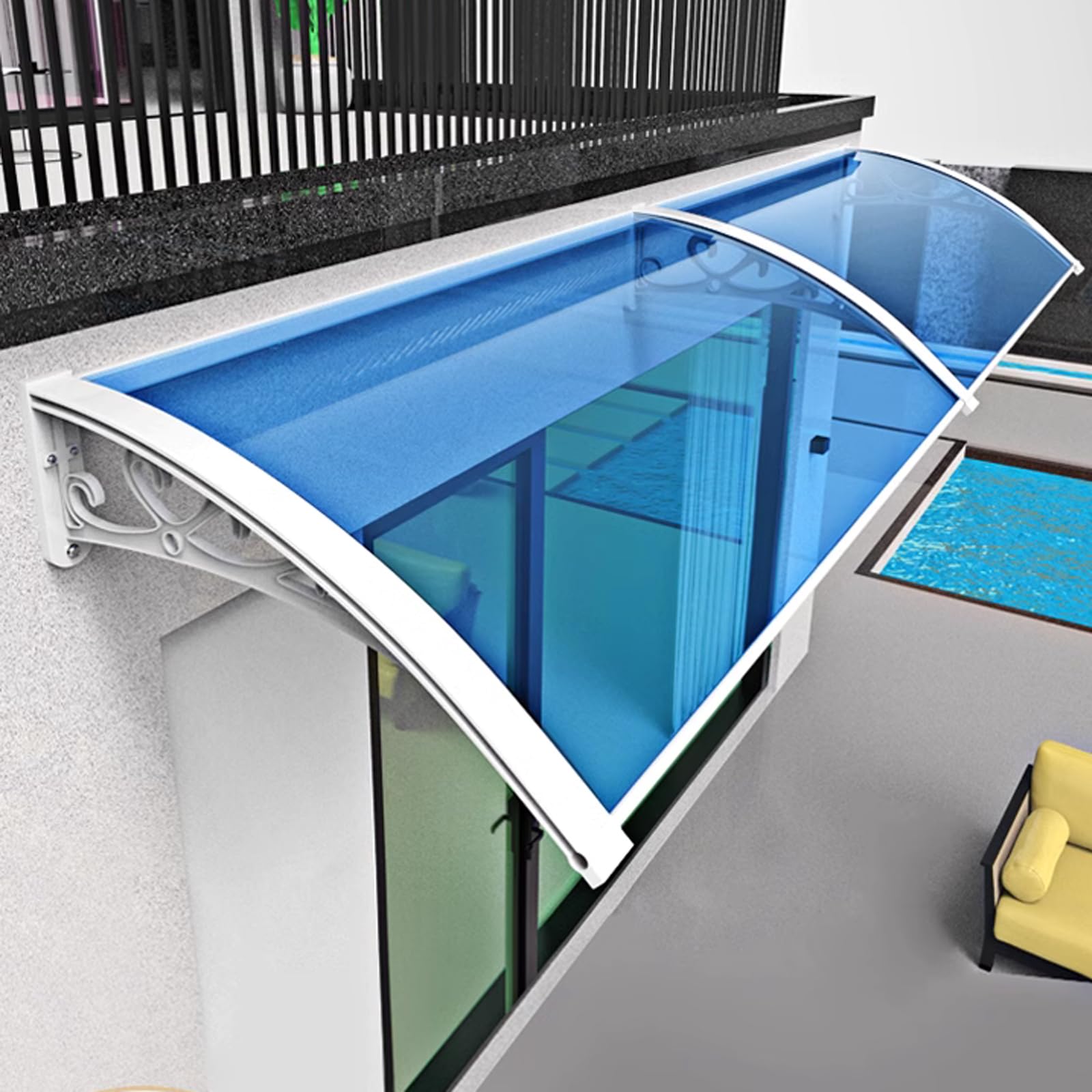 Auvent de porte en polycarbonate 60x390 cm avec cadre aluminium pour terrasse
