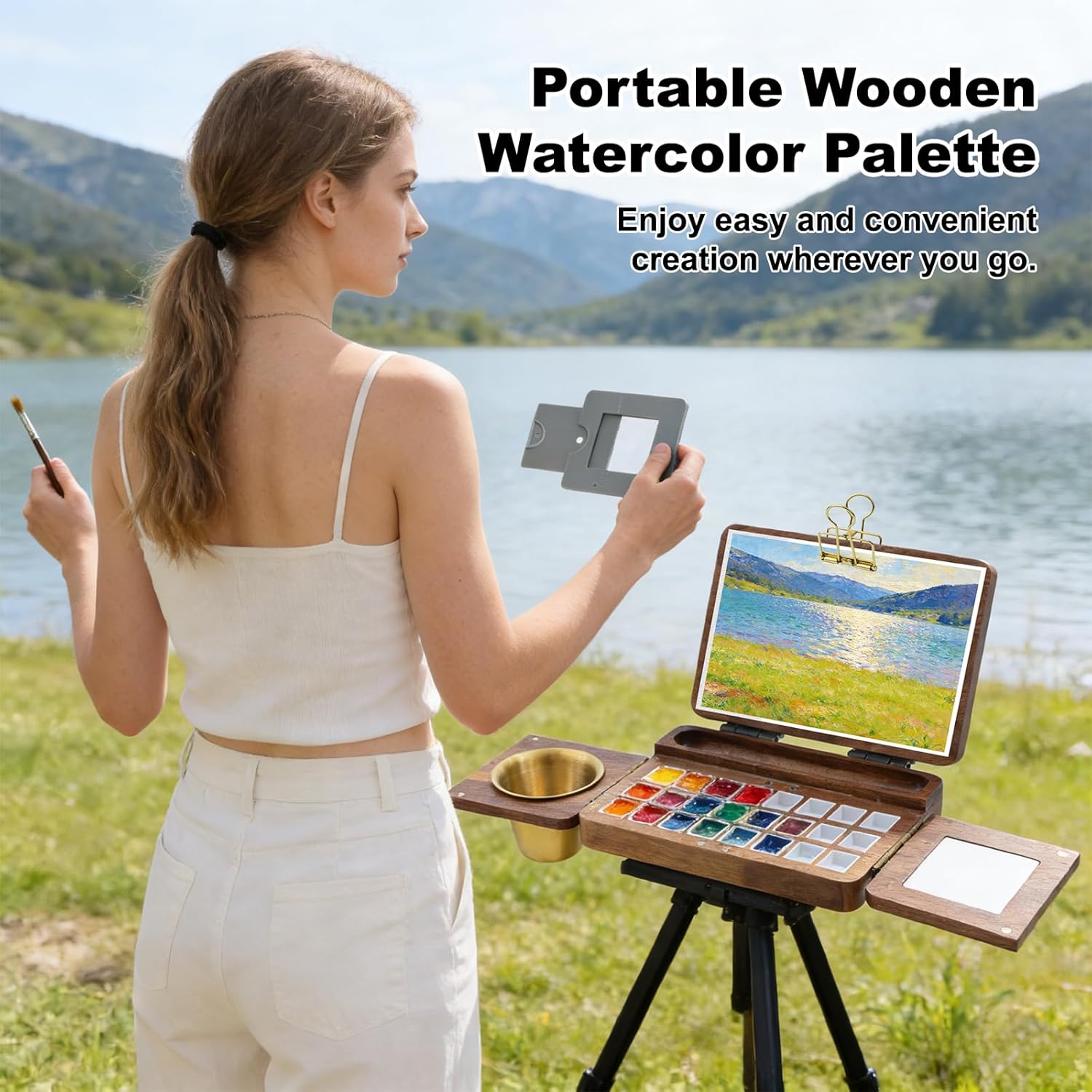 Travel Watercolor Palette Box-24 Grids Foldable ，Portable Walnut Wood Palette Box with Artist's Viewfinder for Plein Air Painting