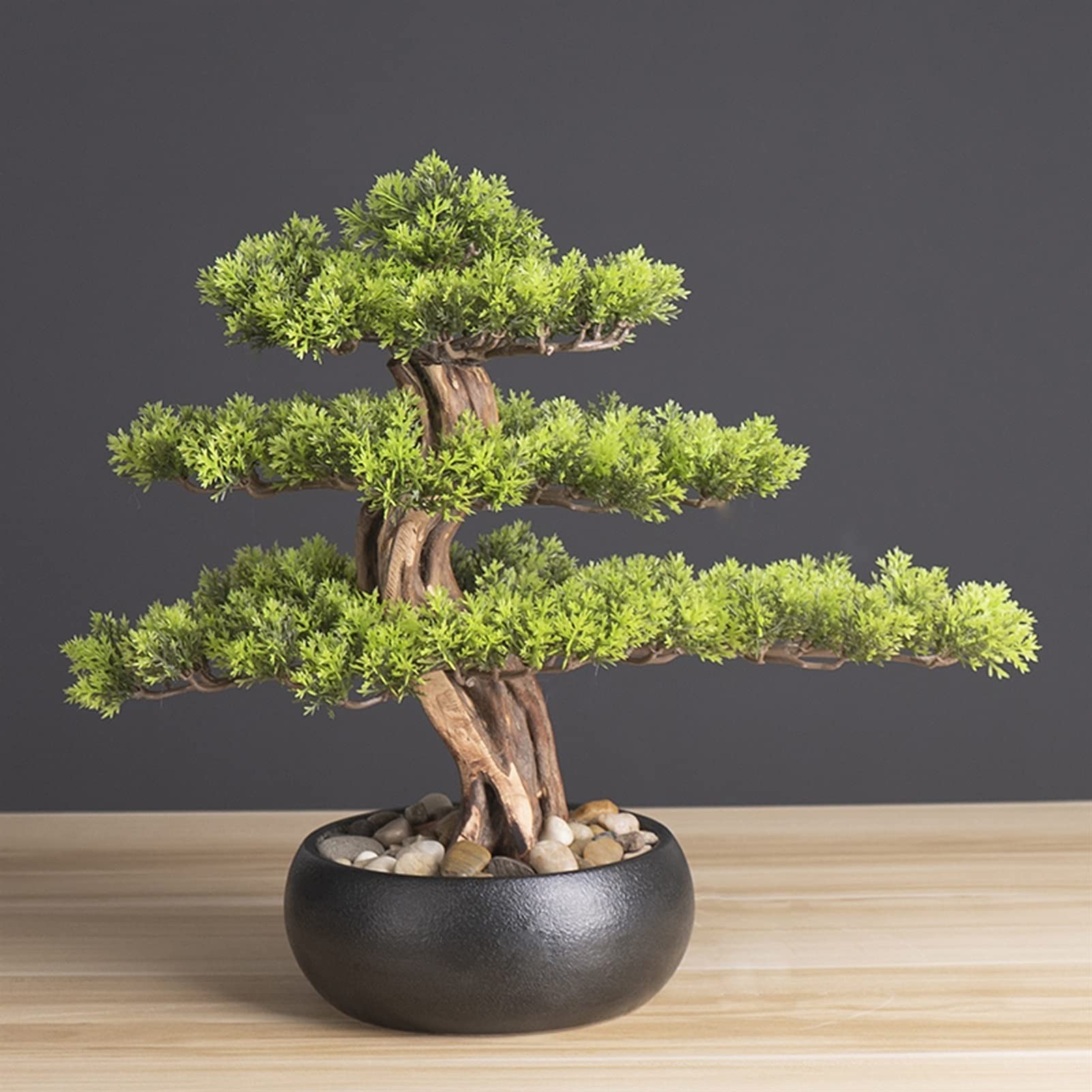 Aioneer Artificial Bonsai Plant Realistic Faux Bonsai Tree, Houseplant, Black Ceramic Round Pot And Pebbles Desktop Decoration Novelty Gifts Ee (A)-A