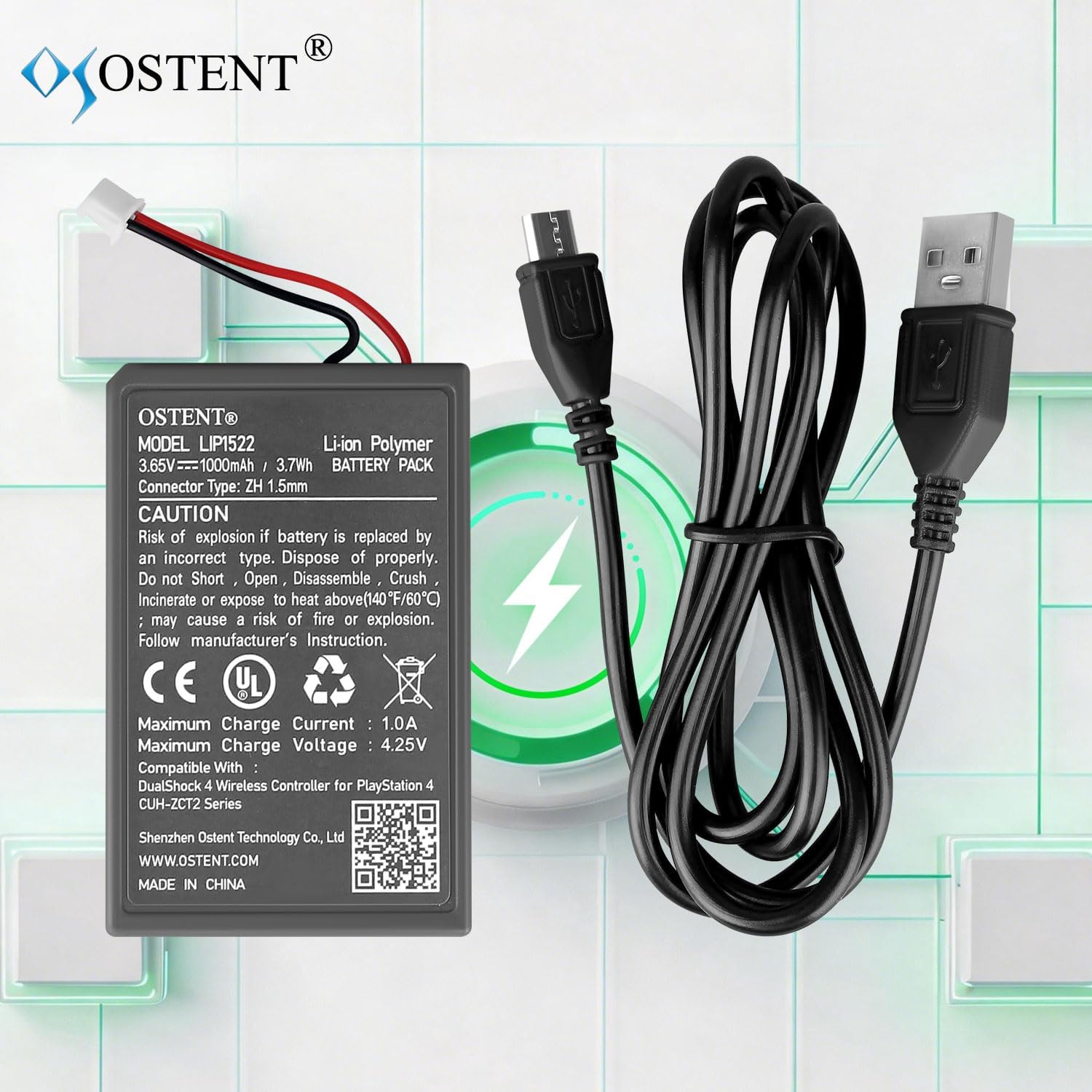 OSTENT 3.7V 1000mAh Li-ion Battery for PS4 Pro Slim Wireless Controller | Rechargeable, Replacement, for Sony PS4 Pro Slim Bluetooth Wireless Controller CUH-ZCT2 or CUH-ZCT2U New 2016 Version