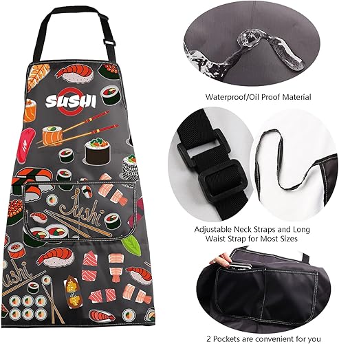 Miniatura 5 de MBMSO Delantal de sushi con bolsillos, regalo de chef de sushi, lindo delantal con estampado de sushi para amantes del sushi, divertidos regalos de