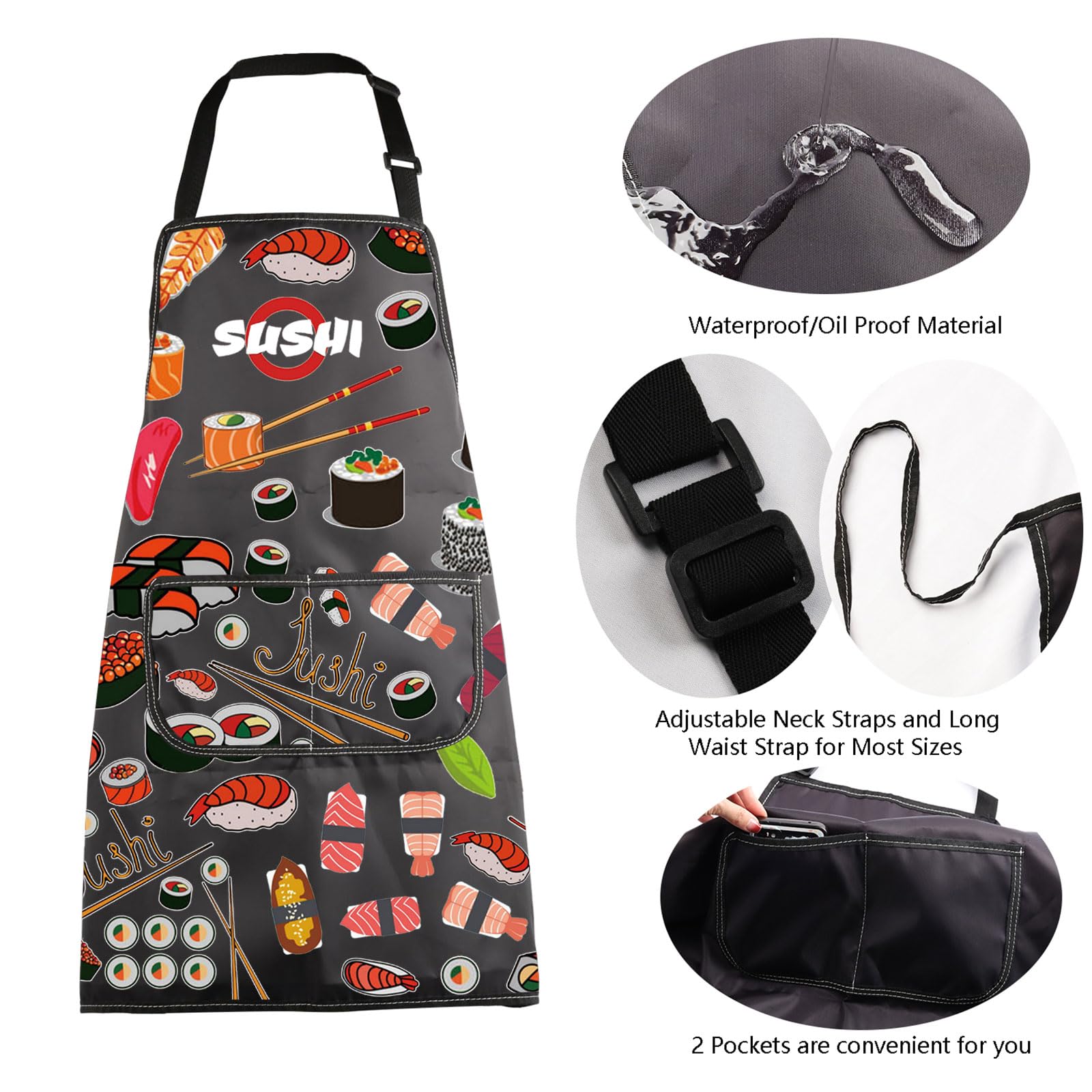 Delantal de sushi con bolsillos, regalo de chef de sushi, lindo delantal con estampado de sushi para amantes del sushi, divertidos regalos de sushi, delantal para hacer sushi, Delantal de 5