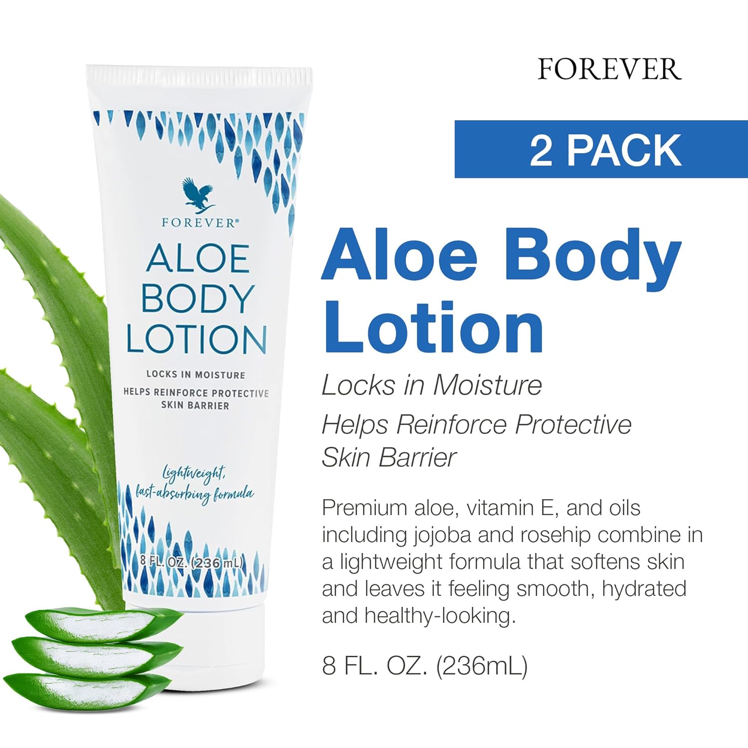 Forever Living - Aloe Body Lotion - For Smooth, Hydrated Skin - Vegan and Gluten-Free with Argan and Macadamia Oils 2 Pack (8 fl oz Each)