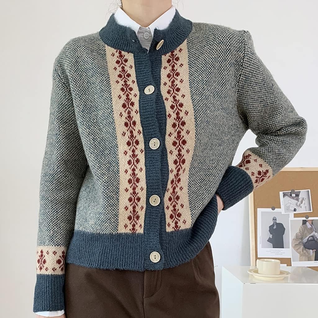 JSEIAJB Early Autumn Thick Sweater Coat Female College Retro Knitted Floral