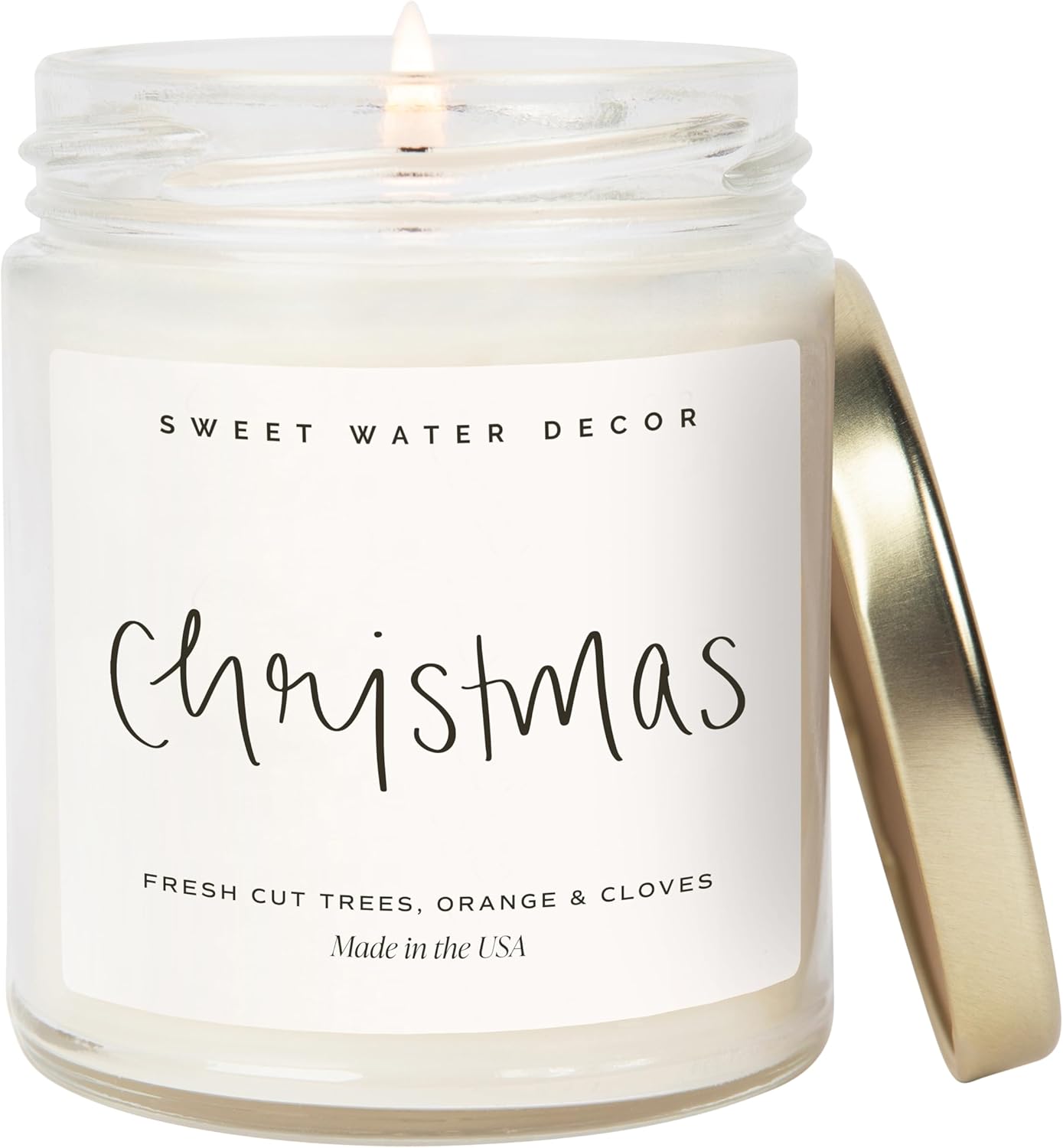 Sweet Water Decor Christmas Scented Candle – Cinnamon, Trees, Orange, and Clove Scented Winter Candle – Christmas Candles and Decor for Home – 9oz. Clear Jar Soy Candle, Made in The USA