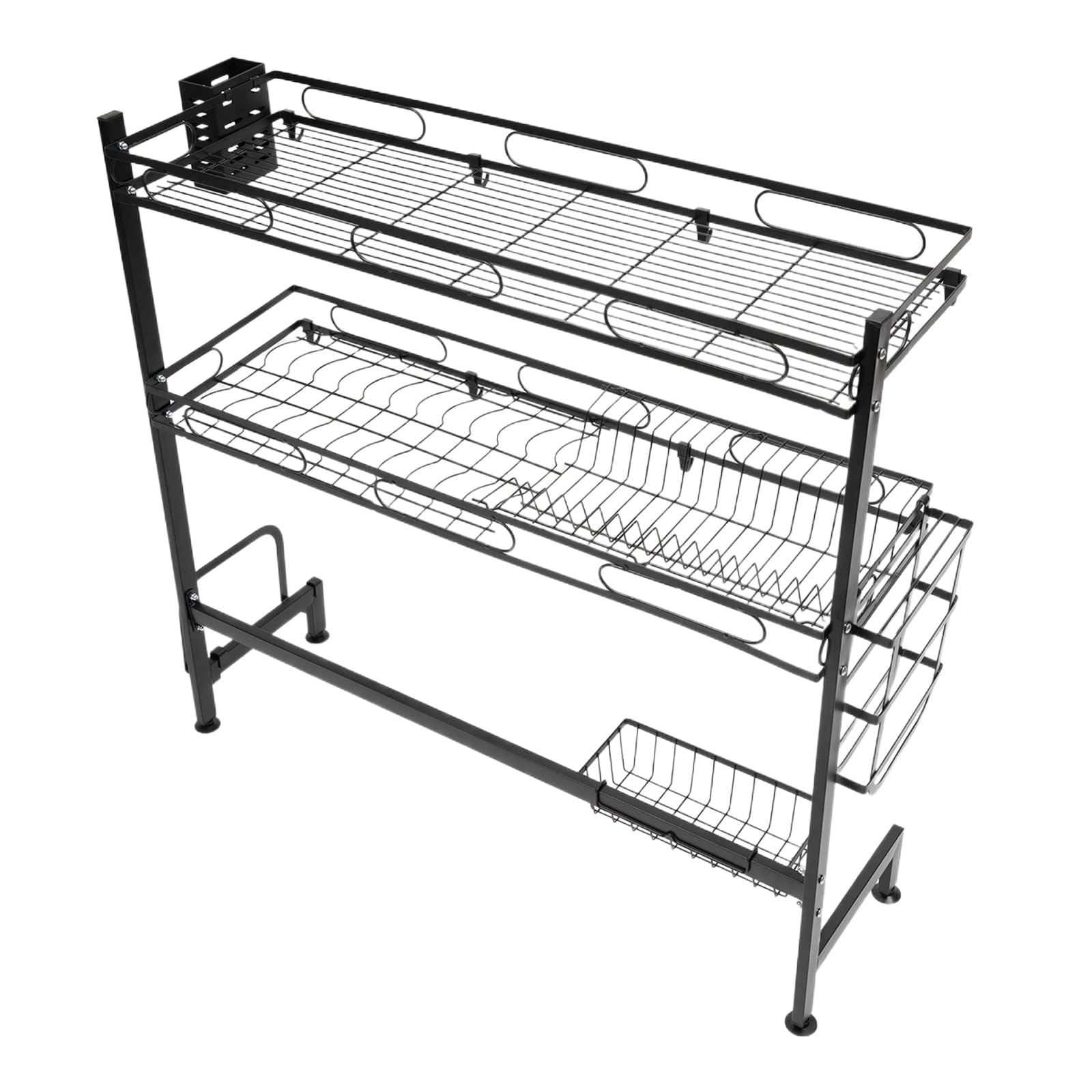 Escurreplatos para platos, escurreplatos sobre fregadero, 2 niveles, acero inoxidable, bandeja de goteo con soporte para utensilios, soporte para tabla de cortar, bloque de cuchillos, 82 cm