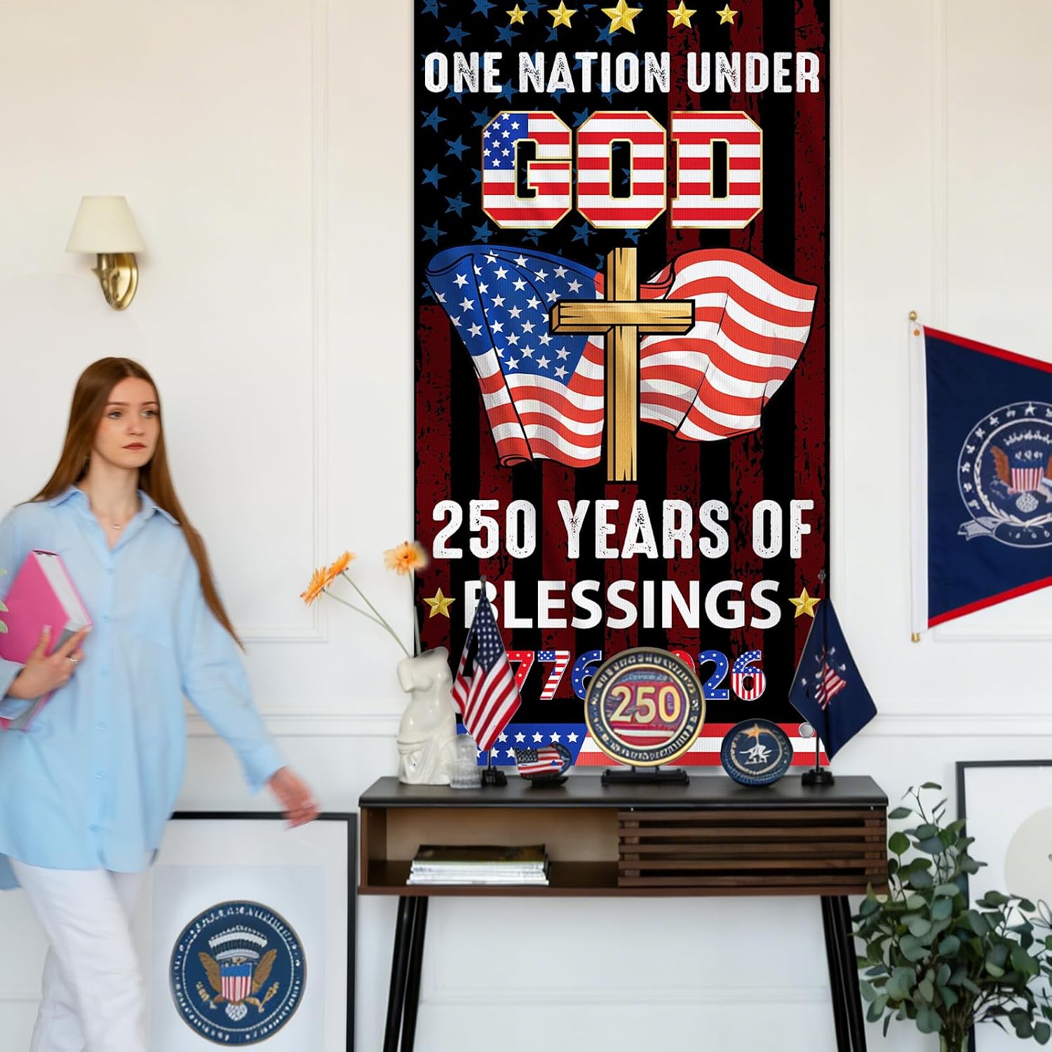 250th Anniversary Door Banner, One Nation Under God 250th Anniversary Door Cover, 1776-2026 Patriotic 250 Years of Blessings Cross Banner for Garden House Indoor Outdoor Party Decor Supplies