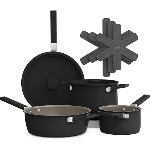 bella 9 Piece Ceramic Nonstick Cookware Set, Fits-anywhere™ Kitchenware w EverGood™ Coating, Dishwasher & Oven Safe, All Stovetops Compatible, Stackable Design, Cool Touch Handles, Black