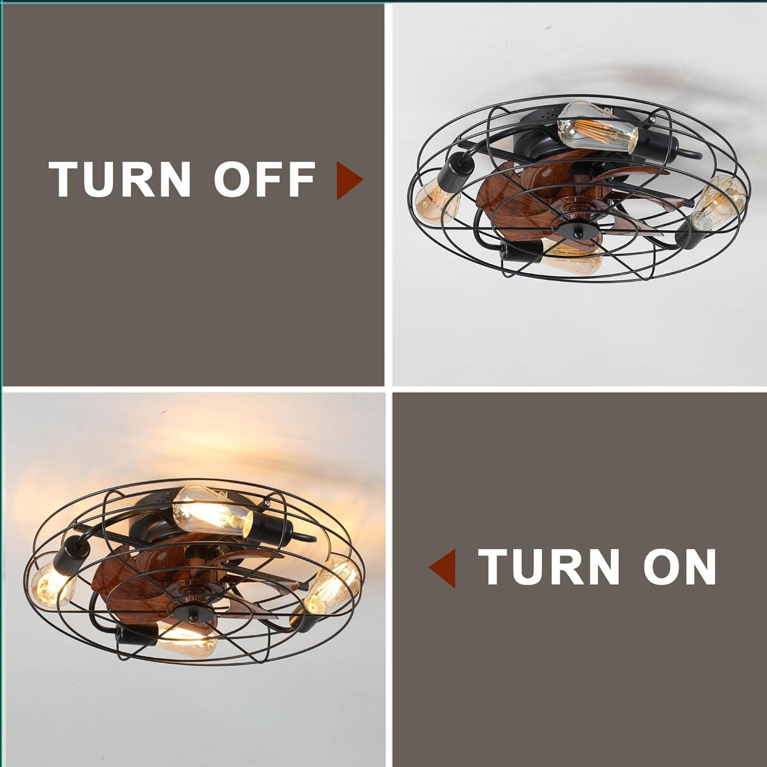 20" Caged Ceiling Fans with Lights and Remote,Flush Mount Low Profile Bladeless Ceiling Fan Low Profile,Small Farmhouse Industrial Enclosed Ceiling Fan For Bedroom,Kitchen (Oval-5 fan-28W)