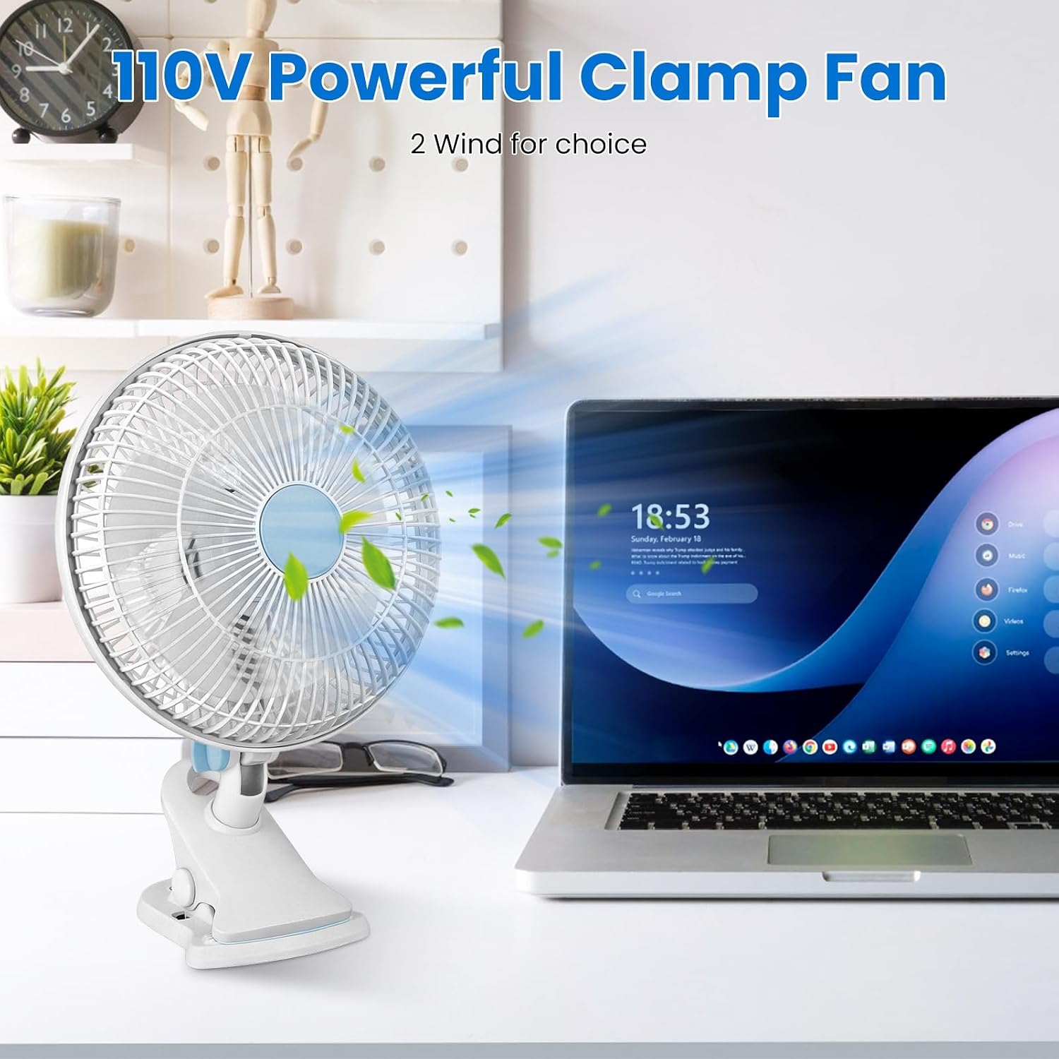 Oscillating Clip on Fan 8.66In Desk Clip on Fan 2 Speeds Quiet Clamp Fan with 90° Oscillating & Tilting Angle Desktop Wall Mount for Home Office Stroller Car Camping (BlueWhite)