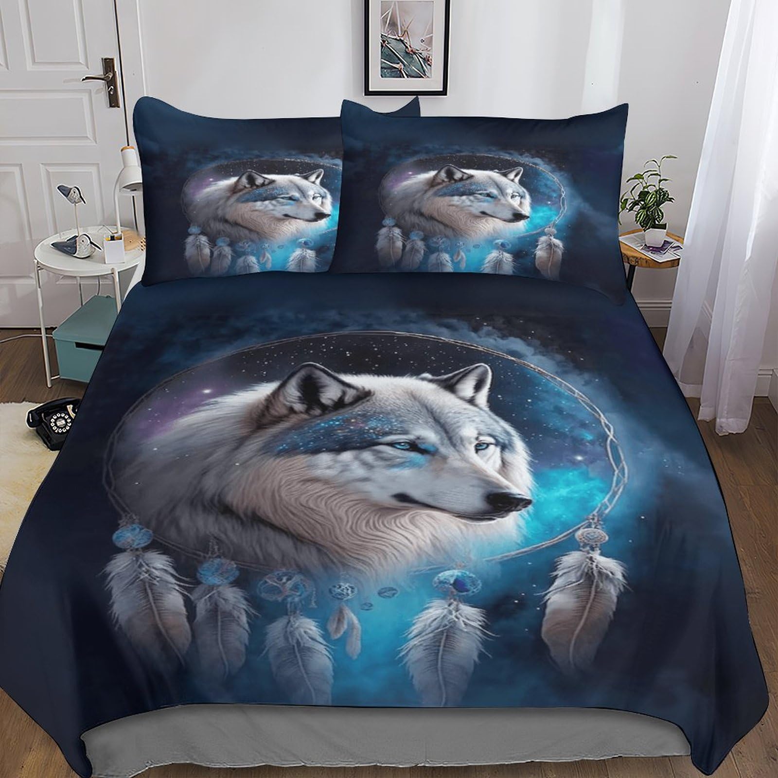 DAFUfbw 3D Pattern Dream Catcher Bedding Set Double（200x200cm）, Wolf Duvet Cover for Boy & Girl, Microfiber Quilt Cover Skin-friendly & Hypoallergenic Bed Linen Set