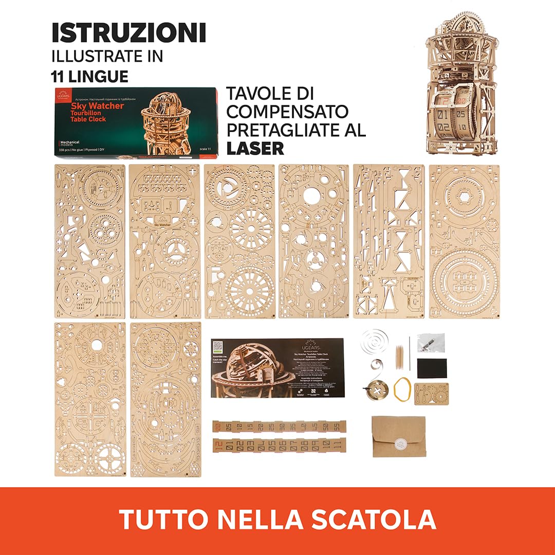 UGEARS Sky Watcher Tourbillon Orologio da Tavolo - Puzzle 3D in Legno Funzionali per Adulti Kit Orologio Meccanico - Kit Modelli in Legno DIY da Assemblare per Adulti - 3D Puzzle del Papà - 338 Pezzi