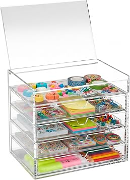 OSCO Clear Acrylic 5 Drawer Chest with Flip-Up Lid | Pin Storage | Jewellery | Paperclips | Crayons | Short pens | Small Stationery | H17 x W19 x D14 cm |