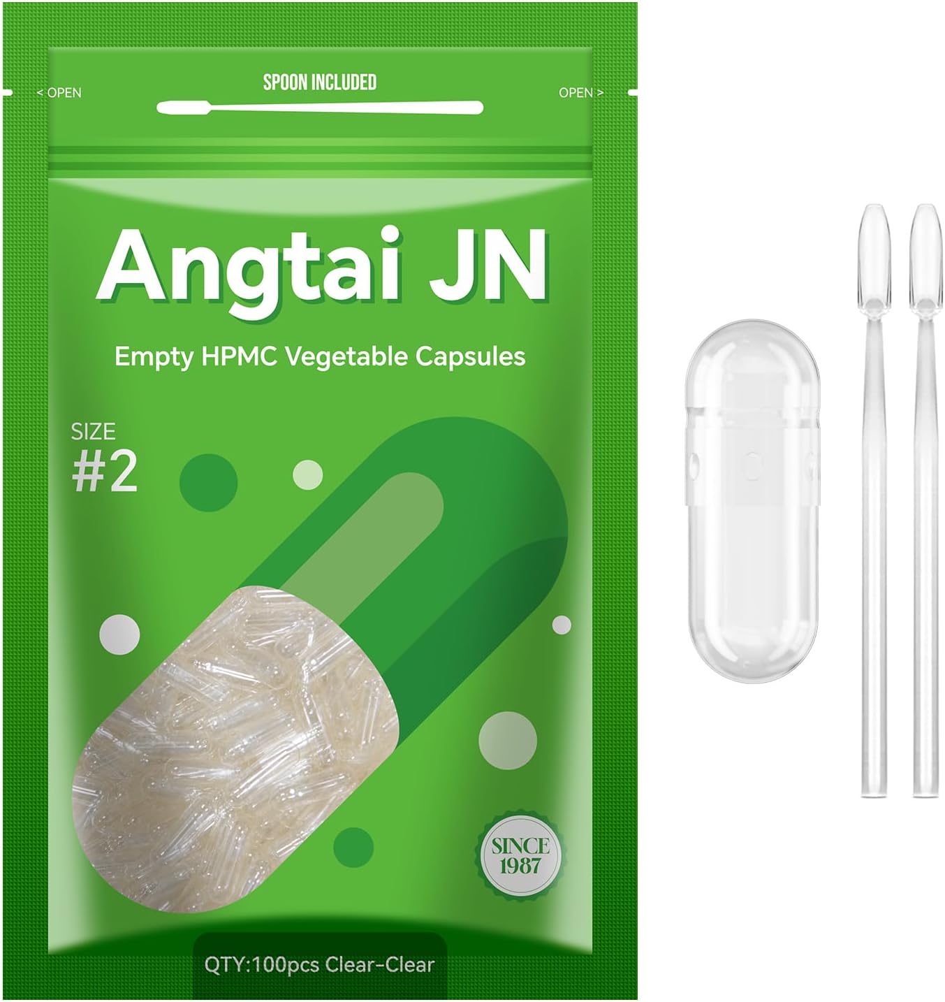 Vegan Empty Pill Capsules Size 2 Plant Based Clear (100 Count) Gluten Free, Non-GMO, Halal Certified Caps Filling Kit with 2 Spoons for Vegetarian DIY Your Own Supplements