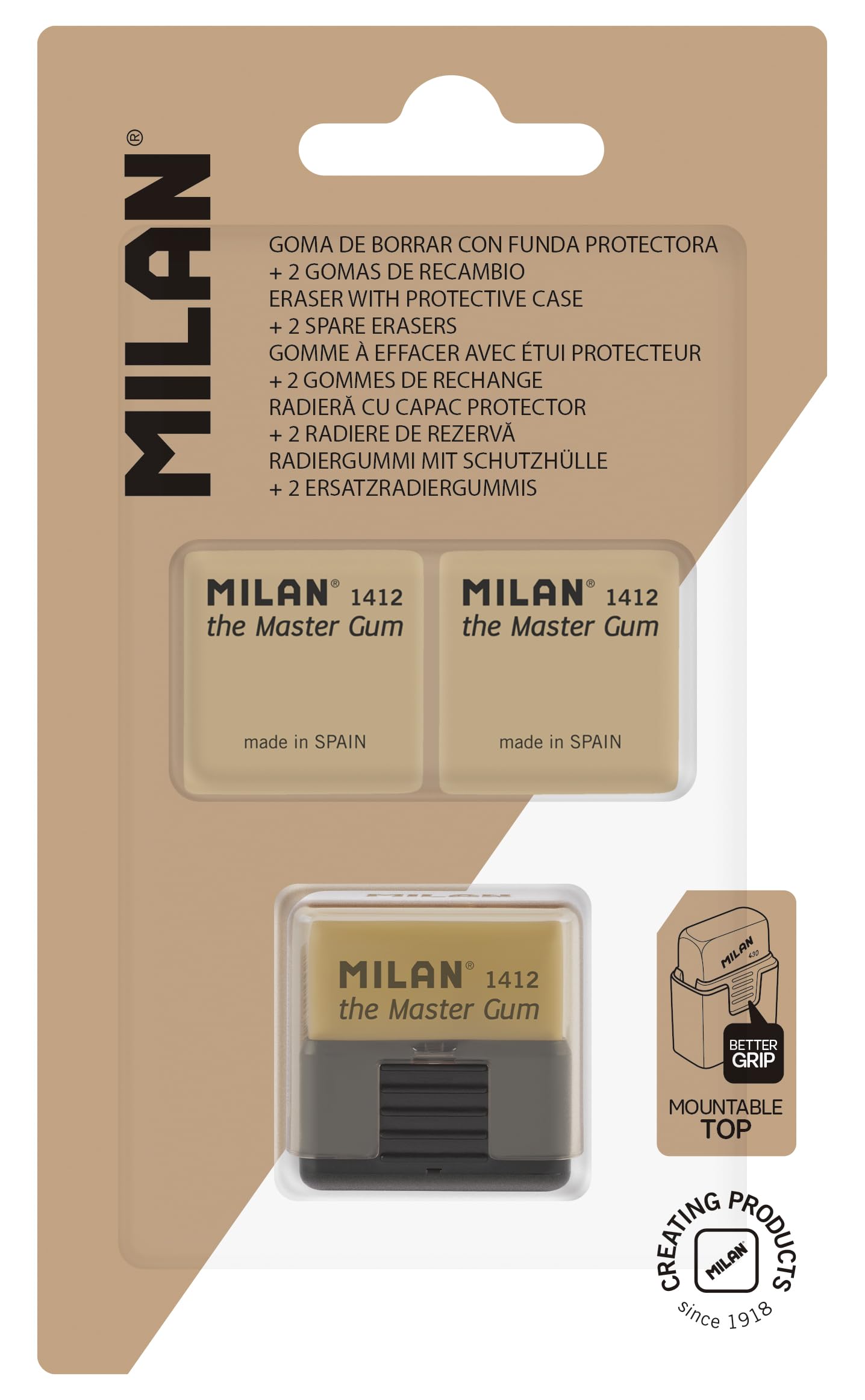 MILAN® Blíster goma MASTER GUM (especial para bellas artes) con funda rígida +2 gomas de recambio