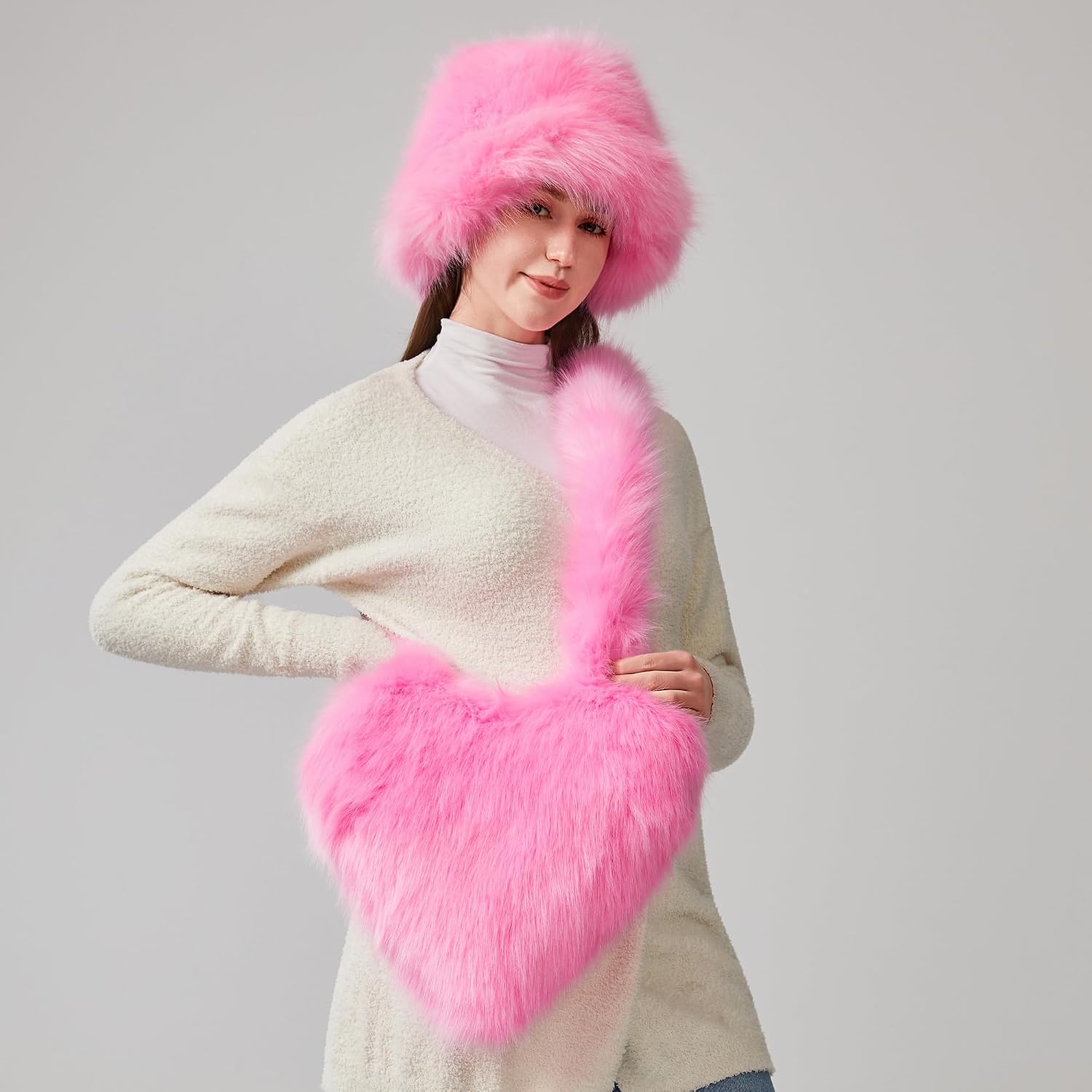 Women's Faux Fur Fisherman Hat and Faux Fur Slouch Bag Set Plush Bucket Hat Fur Purse Two-Piece Set