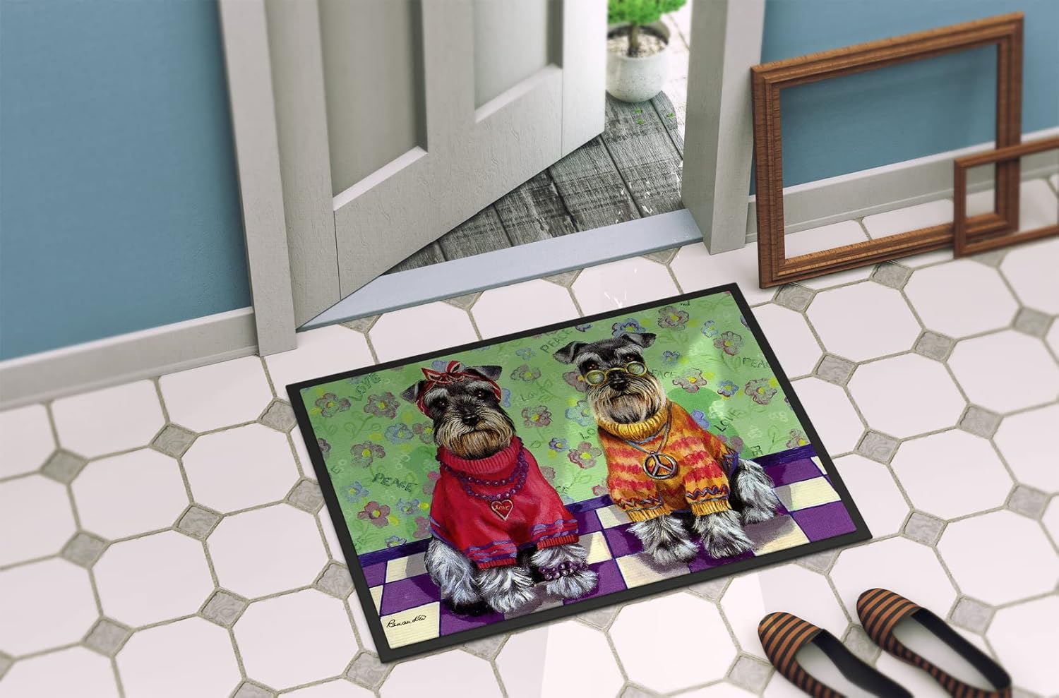 Caroline's Treasures PPP3333MAT Schnauzer Love and Peace Doormat 18x27 Front Door Mat Indoor Outdoor Rugs for Entryway, Non Slip Washable Low Pile, 18H X 27W