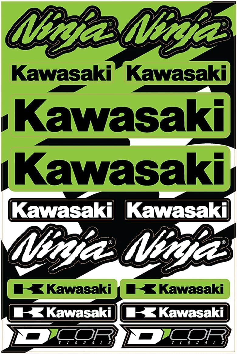 D'cor Visuals Racing Decal Sheet – 12 Mil Thick Vinyl, 19”x12”, Compatible with Kawasaki-Style Dirt Bikes – Includes Ninja-Inspired Fork Stickers – Green Moto Graphics for MX and Off-Road Motorcycles