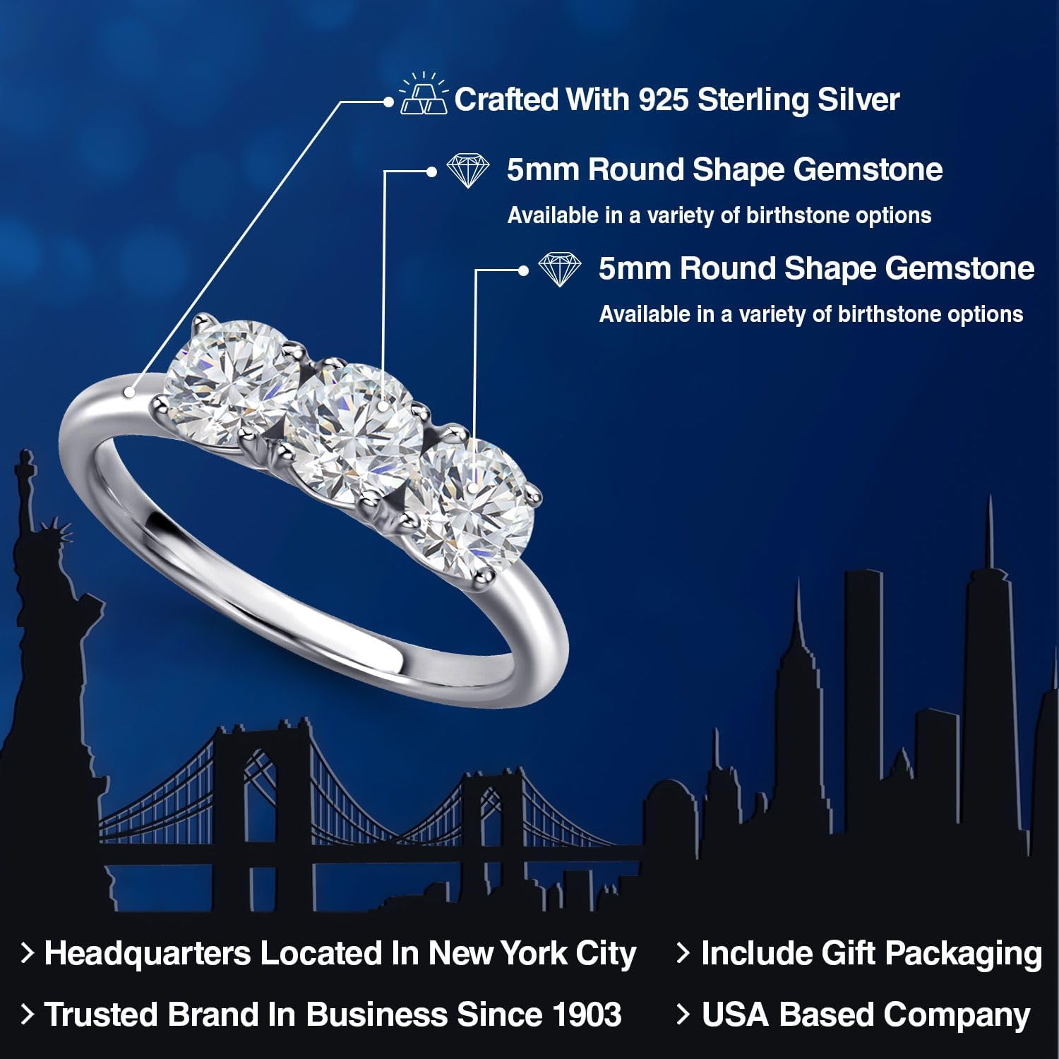 Gem Stone King 1.50 Cttw Lab Grown Diamond 3-Stone Engagement Ring For Women | 925 Sterling Silver | Round 5MM | Gemstone April Birthstone | DEF Color | VVS-VS Clarity - Image 2